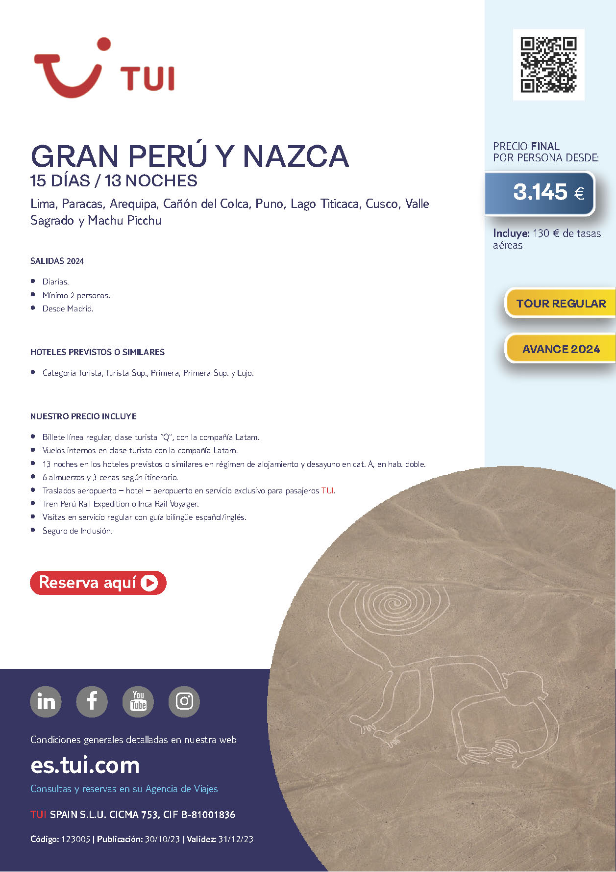 Oferta TUI circuito Gran Peru y Lineas de Nazca 15 dias salidas Junio a Diciembre 2024 desde Madrid vuelos Latam