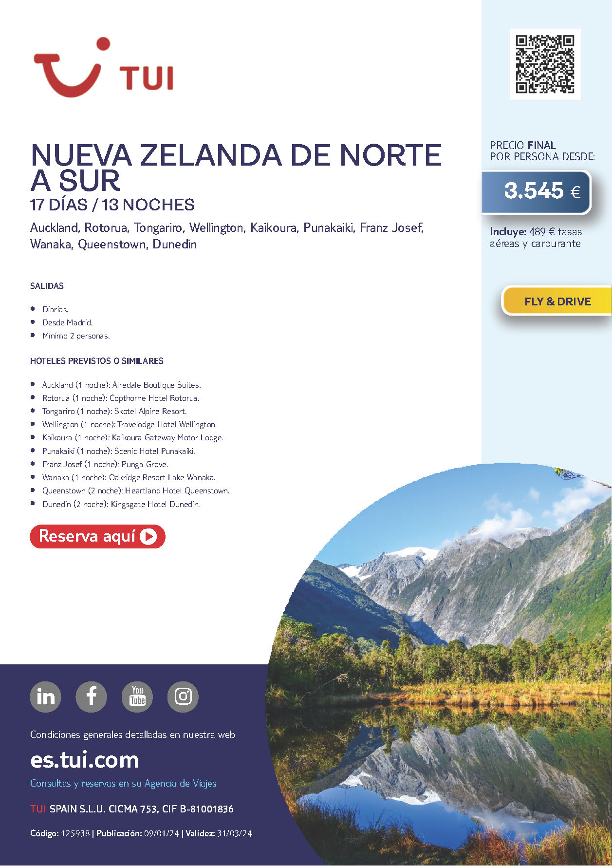 Oferta TUI circuito Nueva Zelanda de Norte a Sur Fly and Drive 17 dias 2024 salidas desde Madrid vuelos Qatar Airways