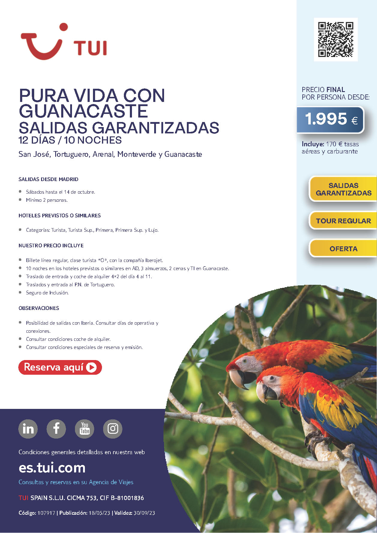 Oferta TUI circuito Costa Rica con Guanacaste 12 dias salidas Junio a Octubre 2023 desde Madrid vuelos Iberojet