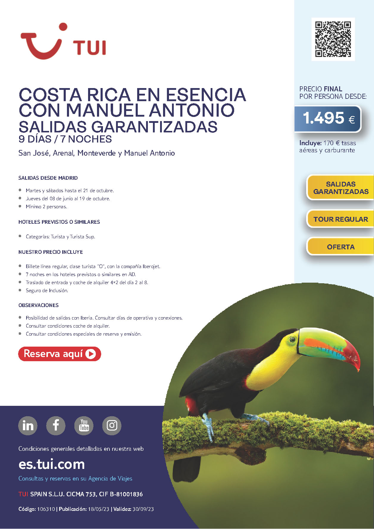 Oferta TUI circuito Peru Costa Rica con Manuel Antonio 9 dias salidas Junio a Octubre 2023 desde Madrid vuelos Iberojet