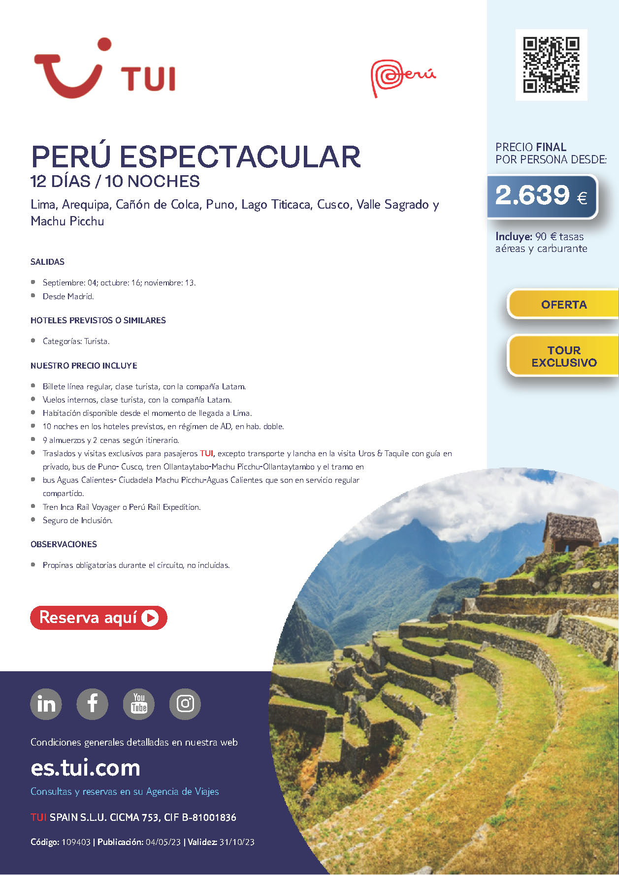 Oferta TUI circuito Peru Espectacular 12 dias salidas Septiembre Octubre Noviembre 2023 desde Madrid vuelos Latam