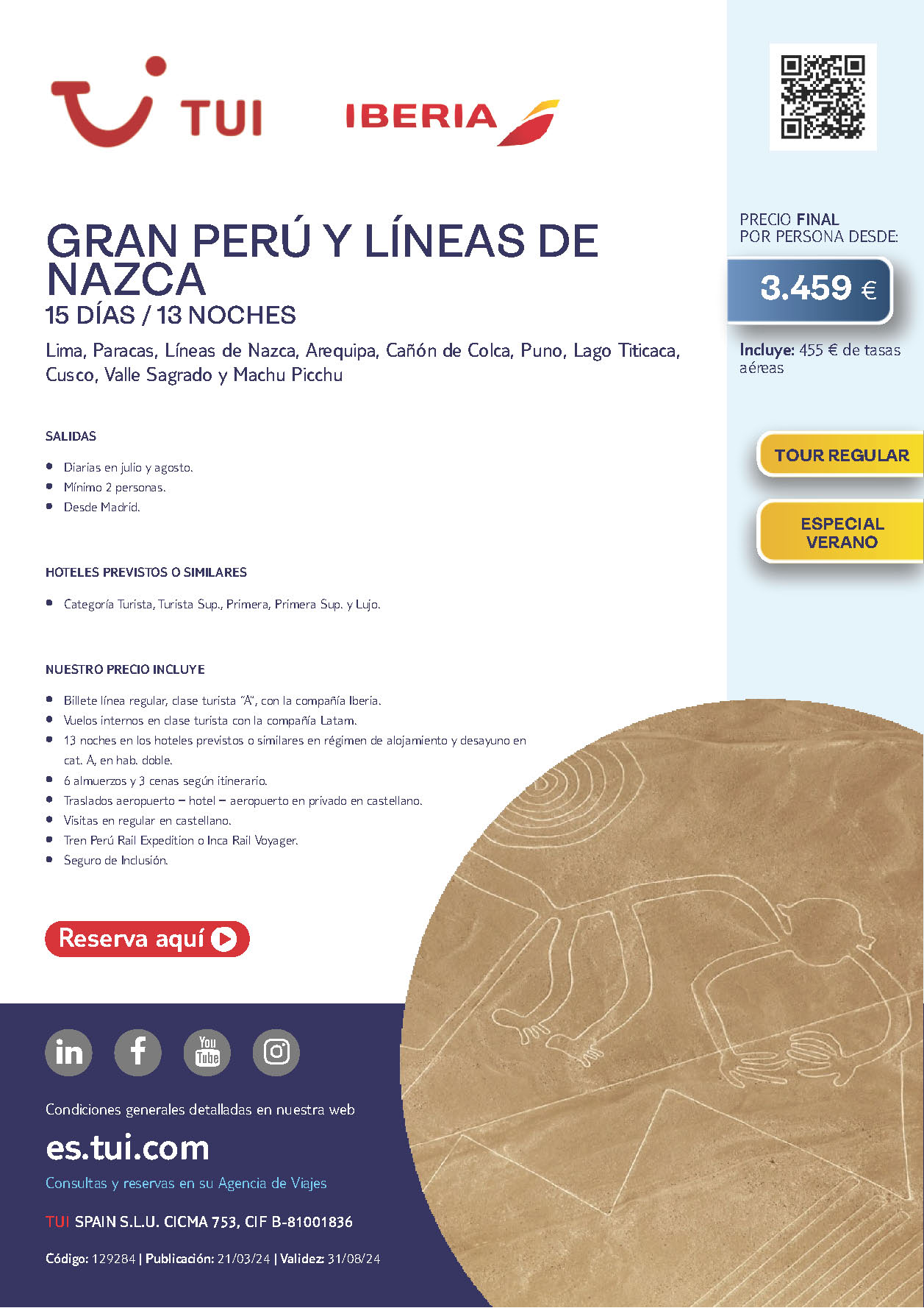 Oferta TUI circuito Peru Gran Peru y Lineas de Nazca 15 dias salidas Julio y Agosto desde Madrid vuelos Iberia