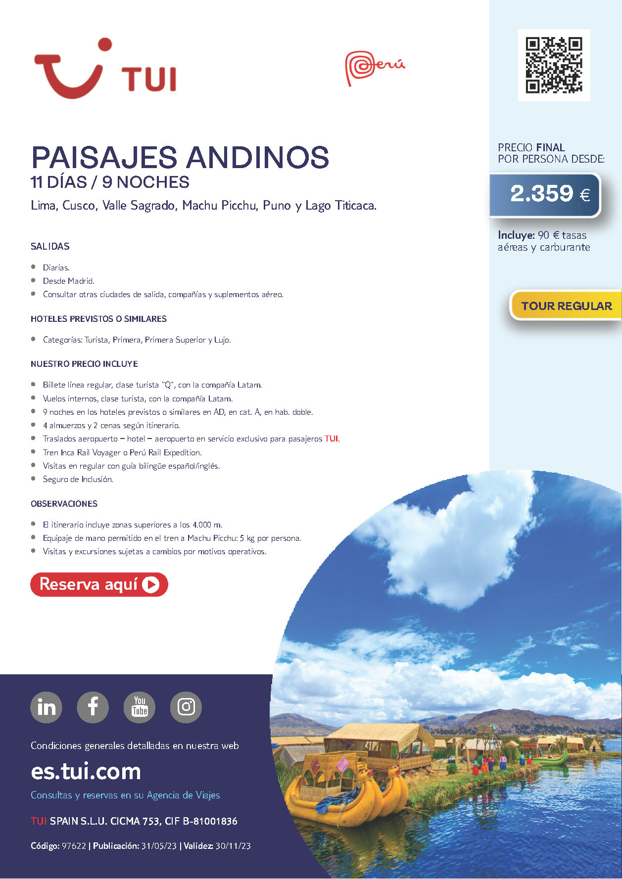 Oferta TUI circuito Peru Paisajes Andinos 11 dias salidas Junio a Diciembre 2023 desde Madrid vuelos Latam