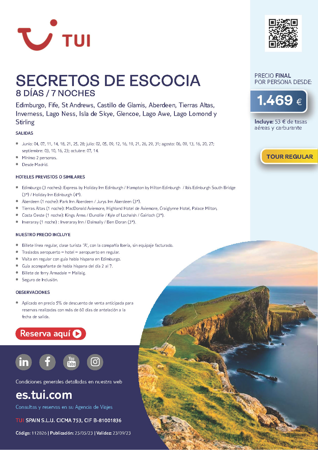 Oferta TUI circuito Secretos de Escocia 8 dias Junio Julio Agosto Septiembre 2023 salidas desde Madrid vuelos Iberia
