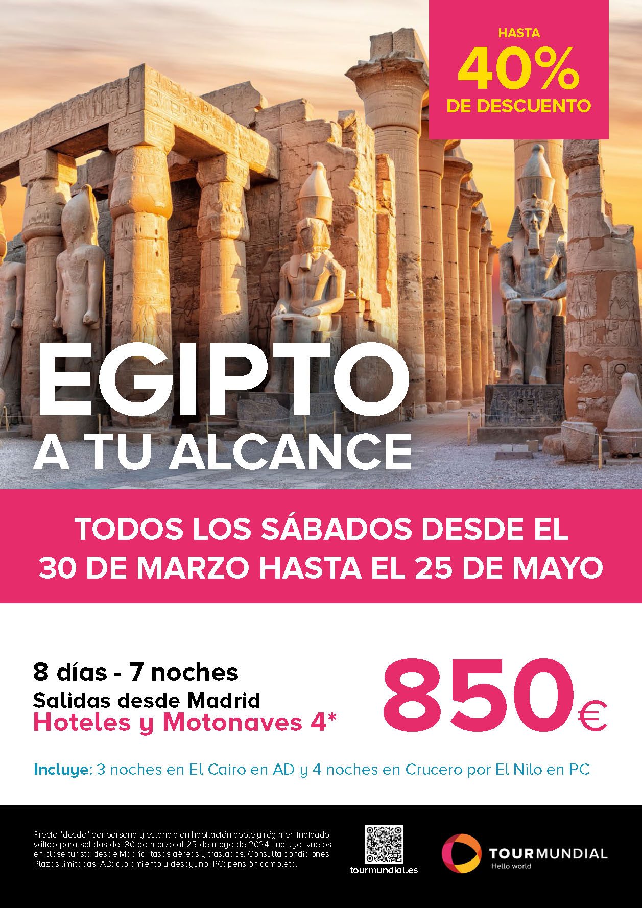 Oferta Tourmundial 2024 circuito y crucero Egipto 8 dias hoteles y motonaves 4 estrellas salidas marzo a mayo desde Madrid