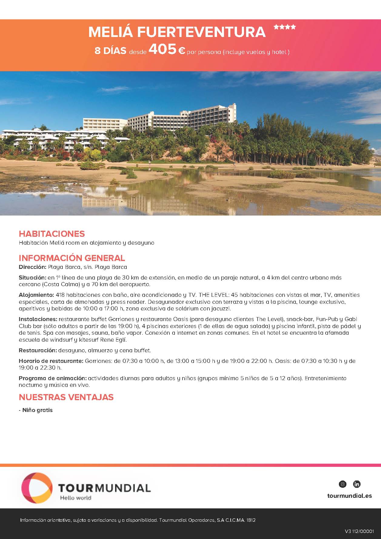 Oferta Tourmundial Vacaciones en Fuerteventura Hotel Meila 2021 8 dias desde 405€