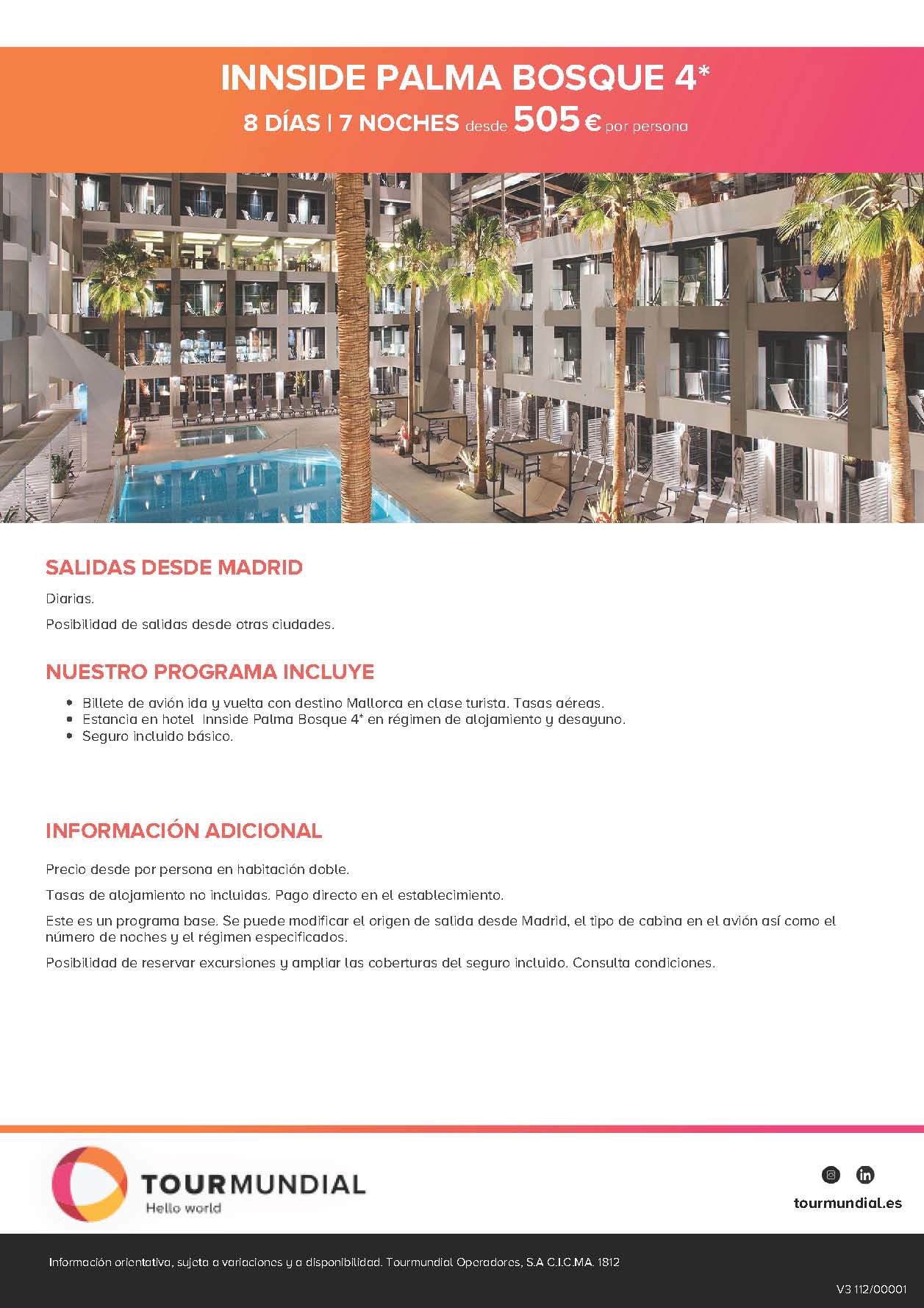 Oferta Tourmundial Vacaciones en Mallorca Hotel Innside Palma Bosque 2021 8 dias desde 505€