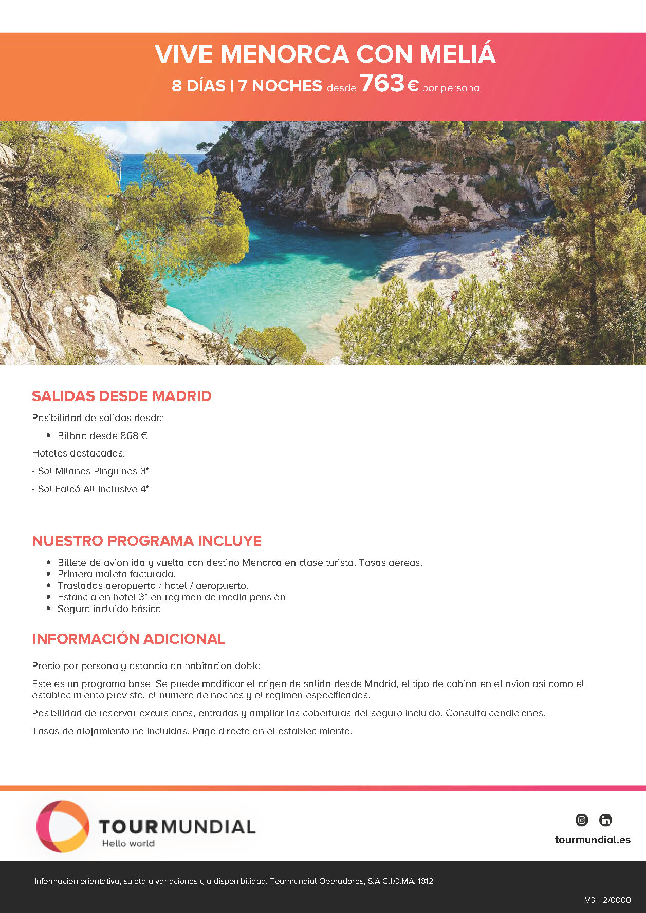 Oferta Tourmundial Verano 2023 Estancia en Menorca 8 dias Hotel Melia 3 y 4 estrellas AD Media Pension salidas desde Madrid y Bilbao