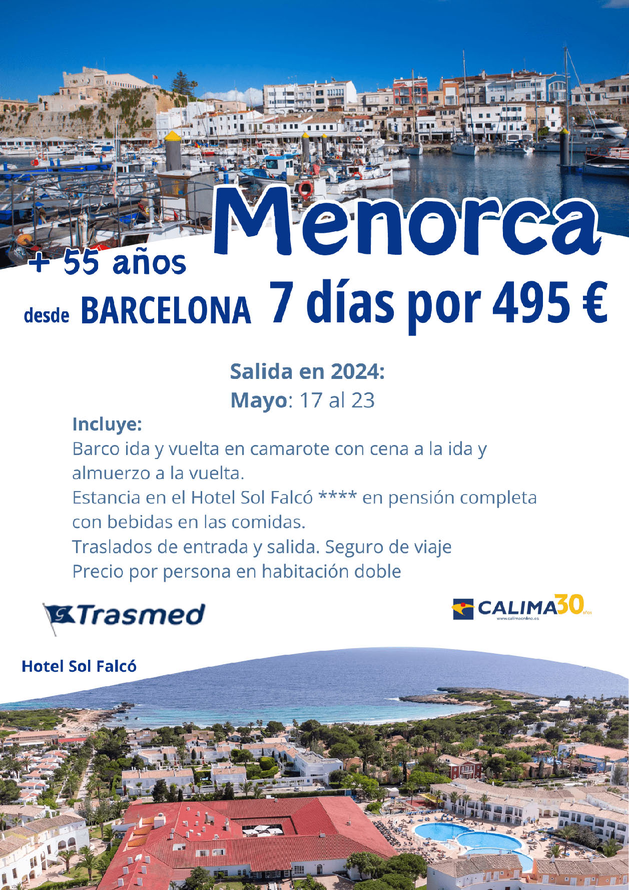 Oferta Trasmed Mayores 55 Estancia en Menorca 7 dias Pension Completa salida Mayo 2024 en Ferry desde Barcelona