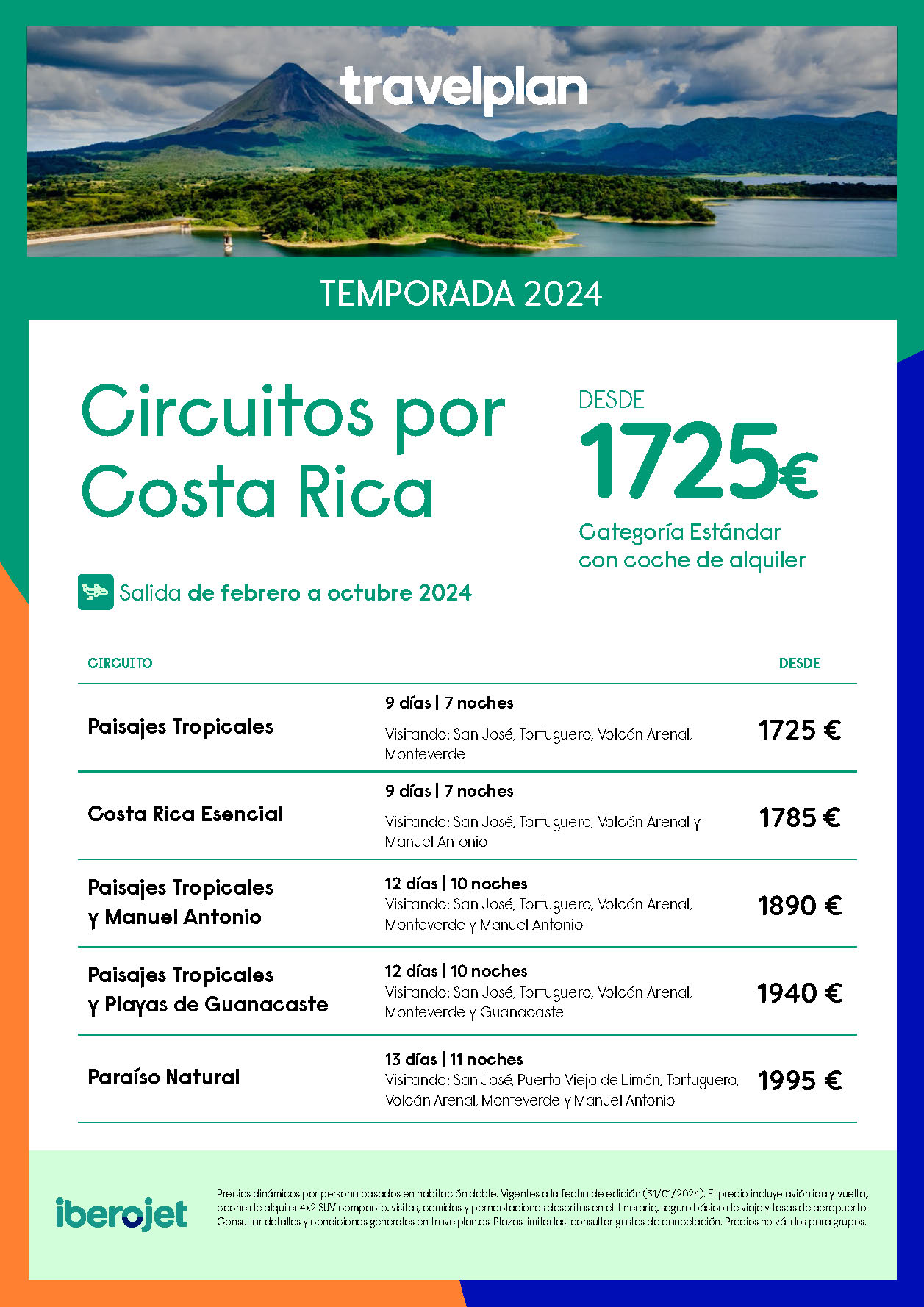 Oferta Travelplan 2024 Circuitos Costa Rica Fly and Drive 9 a 13 dias salidas febrero a octubre vuelo directo desde Madrid