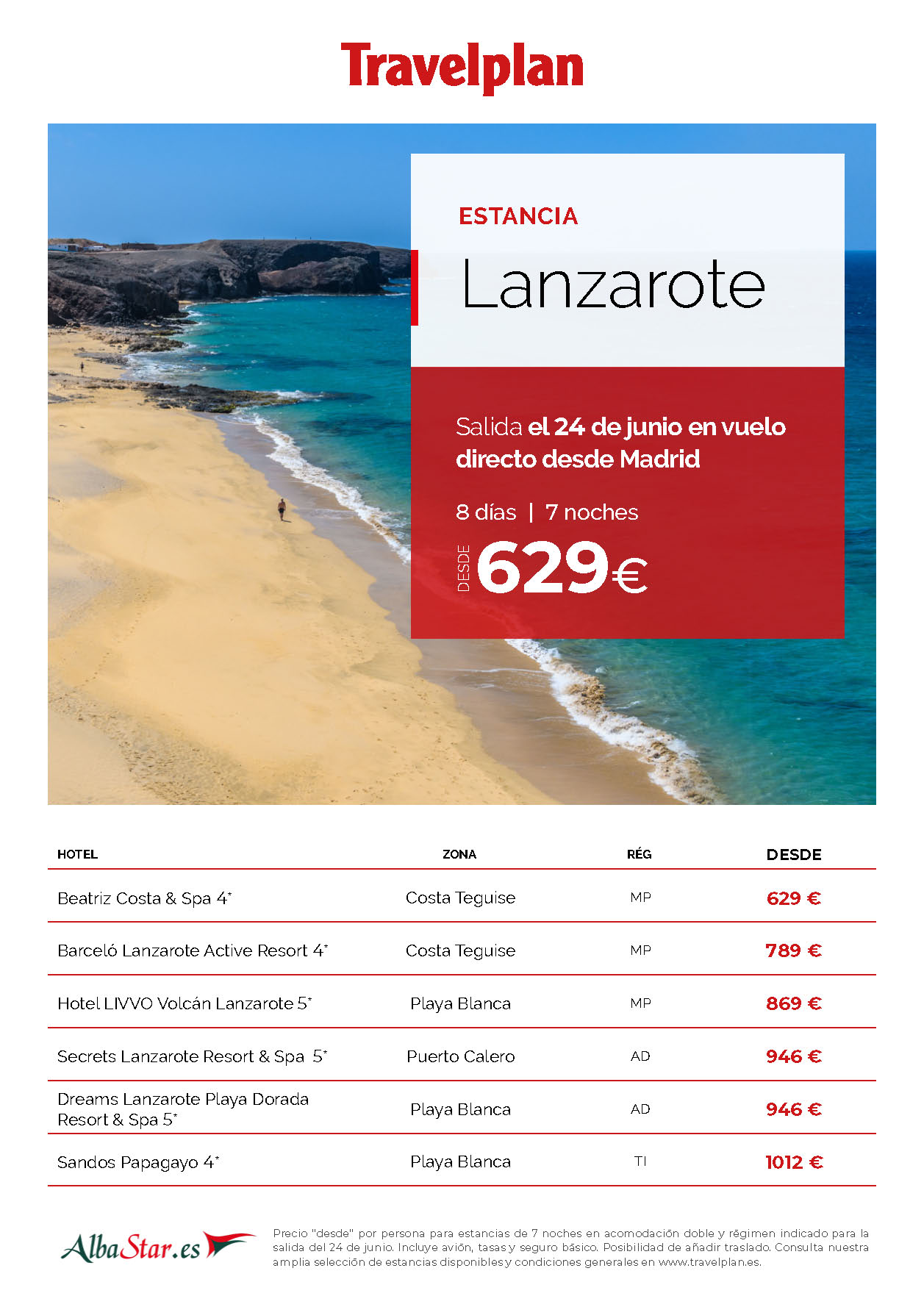 Oferta Travelplan Estancia en Lanzarote 8 dias Hotel 4 estrellas Media Pension salida 24 Junio 2023 en vuelo directo desde Madrid