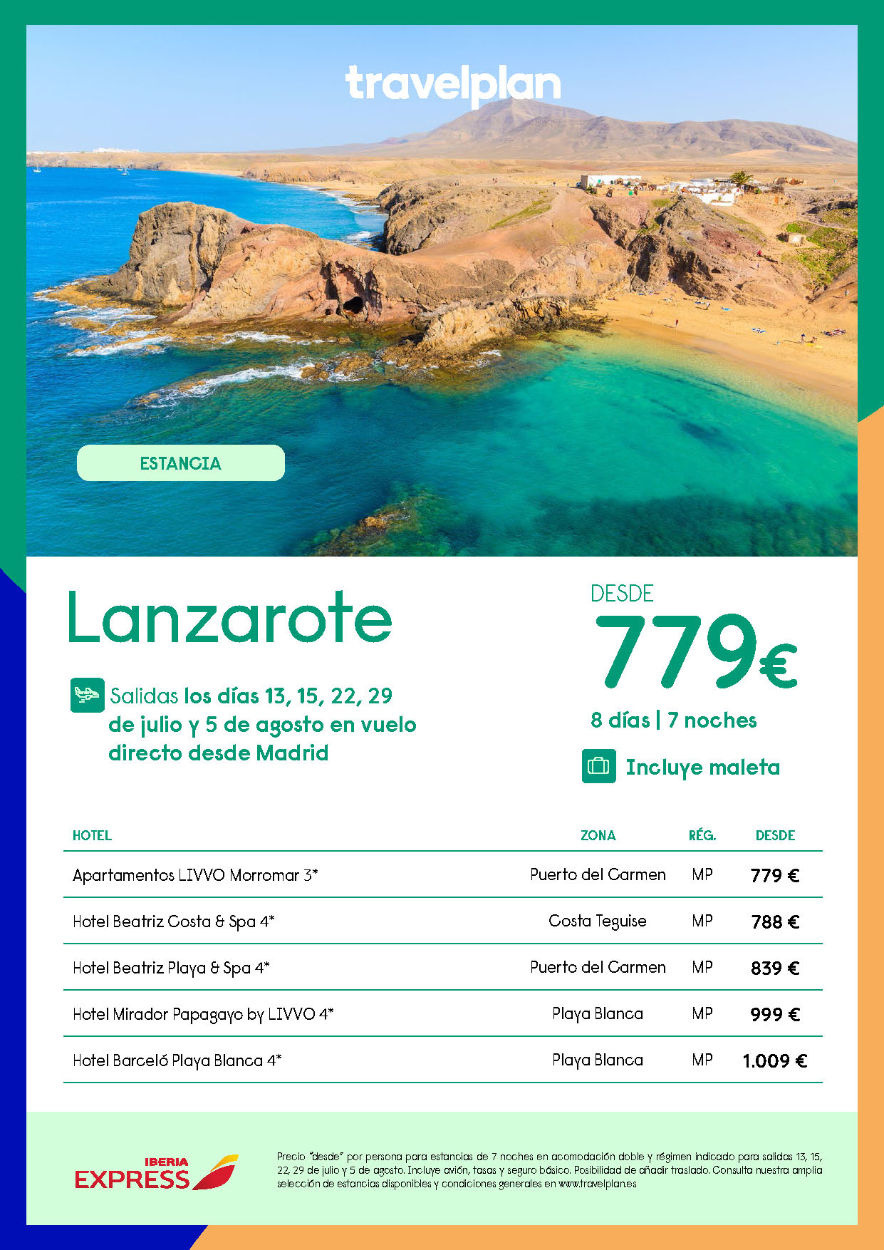 Oferta Travelplan Estancia en Lanzarote 8 dias Media Pension salidas Julio Agosto 2024 vuelo directo desde Madrid