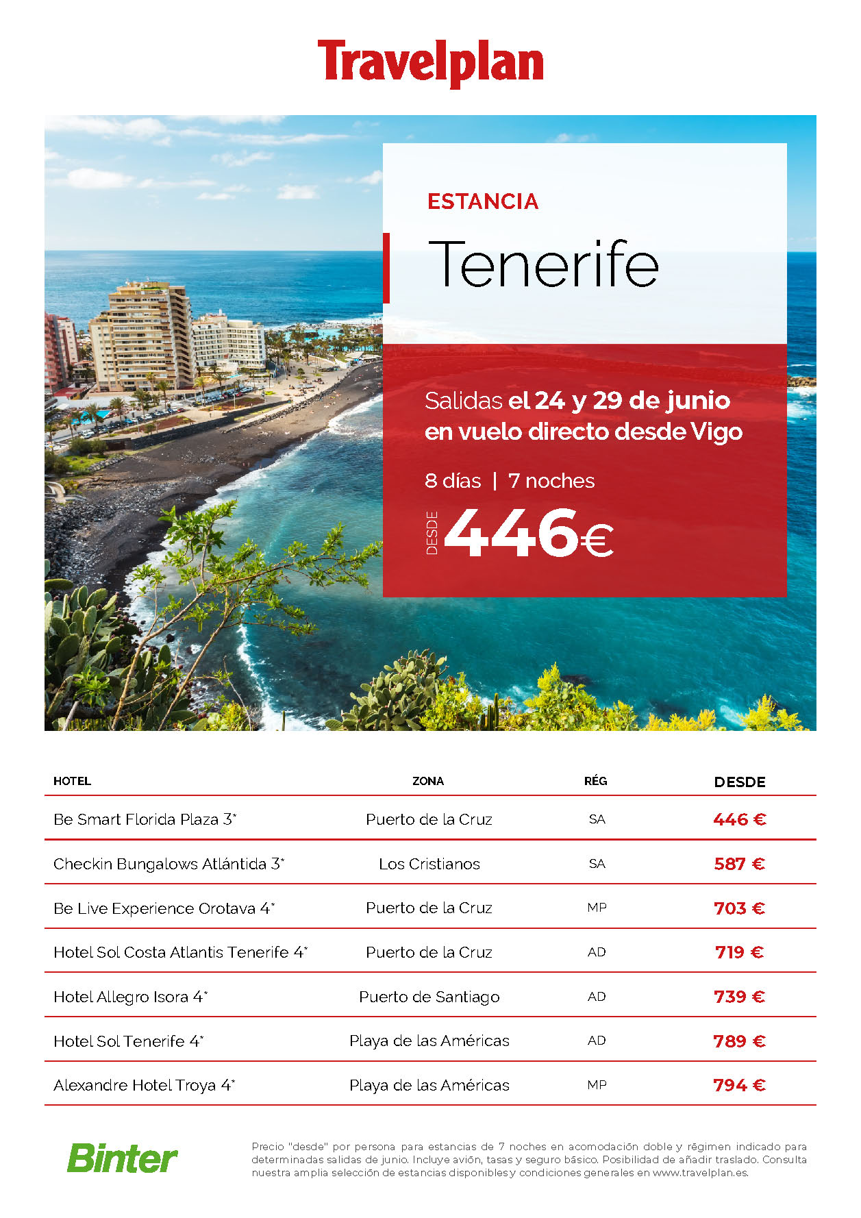 Oferta Travelplan Estancia en Tenerife 8 dias Junio 2023 salida en vuelo directo desde Vigo