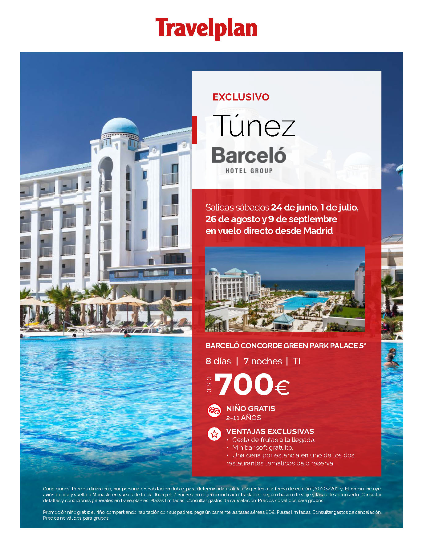 Oferta Travelplan Estancia en Tunez 8 dias Hotel Barcelo 5 estrellas Todo Incluido salidas de Junio a Septiembre 2023 en vuelo especial directo desde Madrid