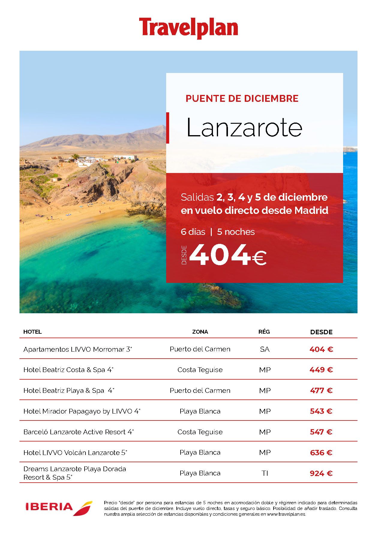 Oferta Travelplan Puente de Diciembre 2023 en Lanzarote 6 dias Media Pension salidas 2 3 4 y 5 Diciembre vuelo directo desde Madrid