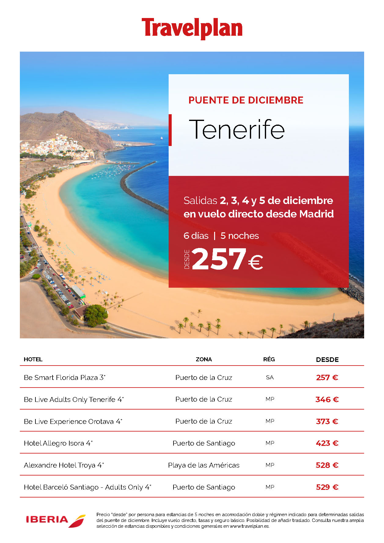 Oferta Travelplan Puente de Diciembre 2023 en Tenerife 6 dias Media Pension salidas 2 3 4 y 5 Diciembre vuelo directo desde Madrid