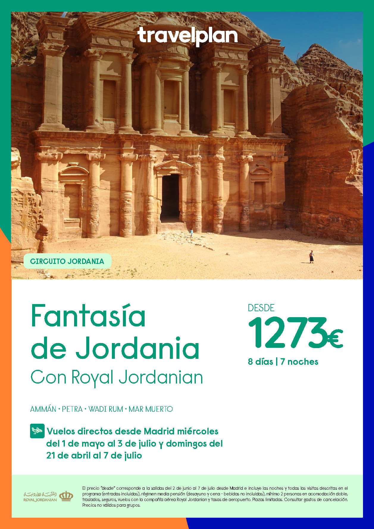 Oferta Travelplan circuito Fantasia de Jordania 8 dias salidas Abril a Junio 2024 vuelo directo desde Madrid Royal Jordanian