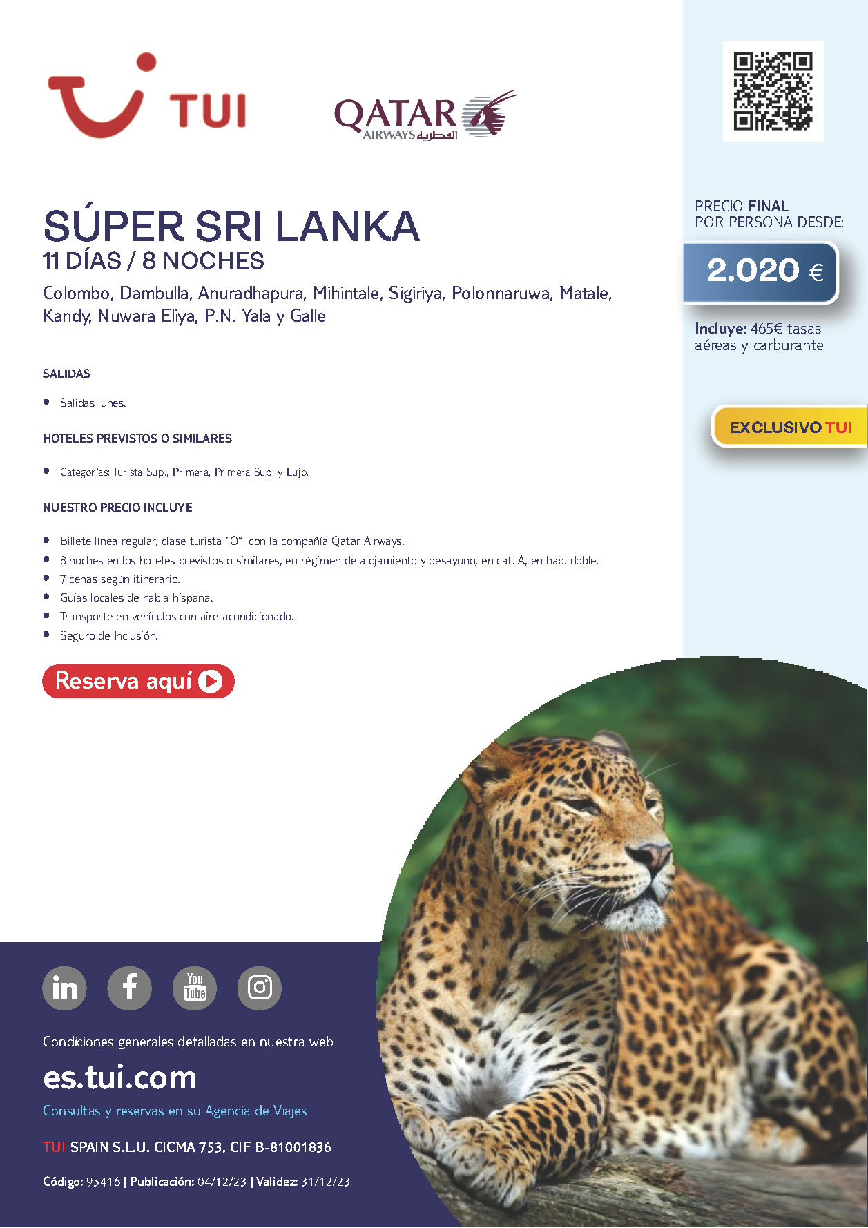 Oferta Tui 2024 circuito Super Sri Lanka 11 dias salidas desde Madrid Barcelona vuelos Qatar Airways
