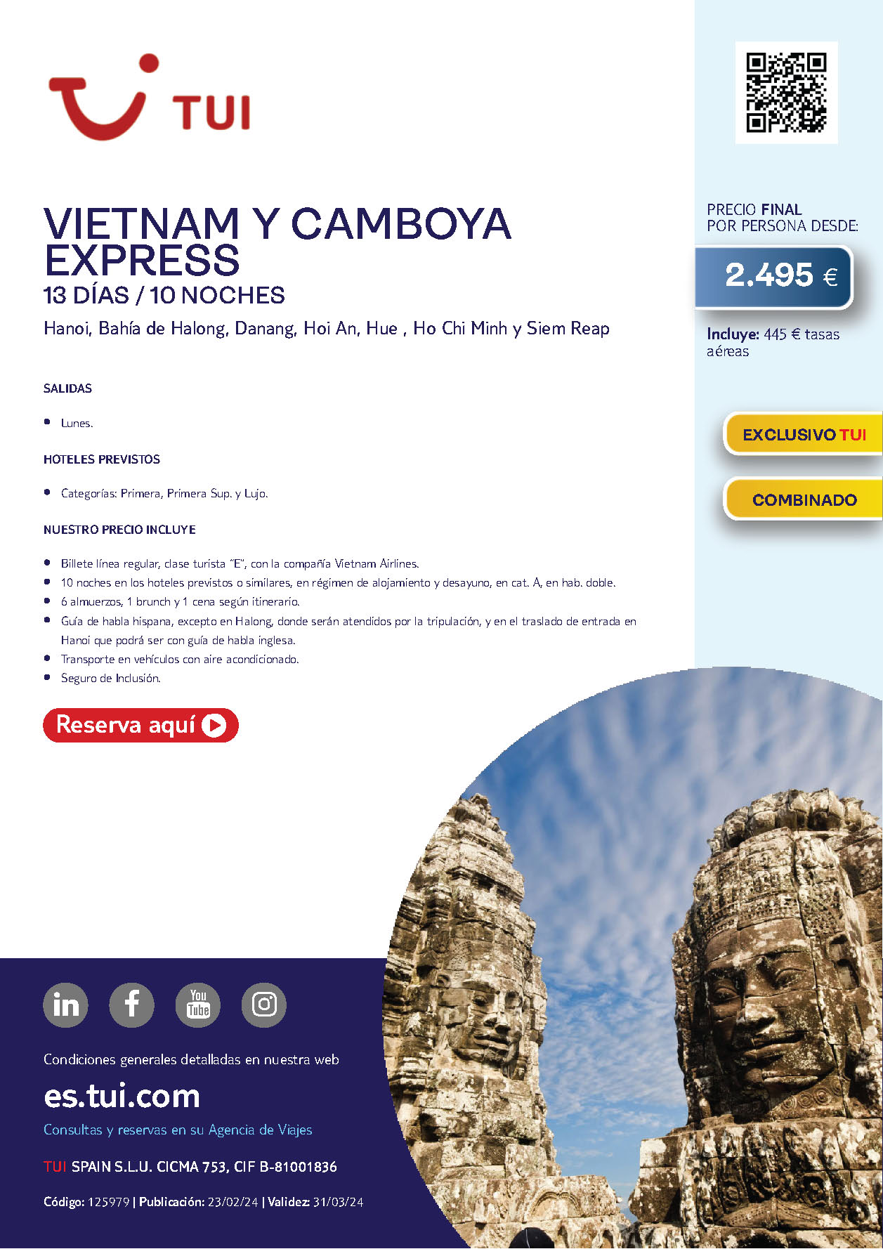 Oferta Tui 2024 circuito Vietnam y Camboya Express 13 dias salidas desde Madrid Barcelona vuelos Vietnam Airlines
