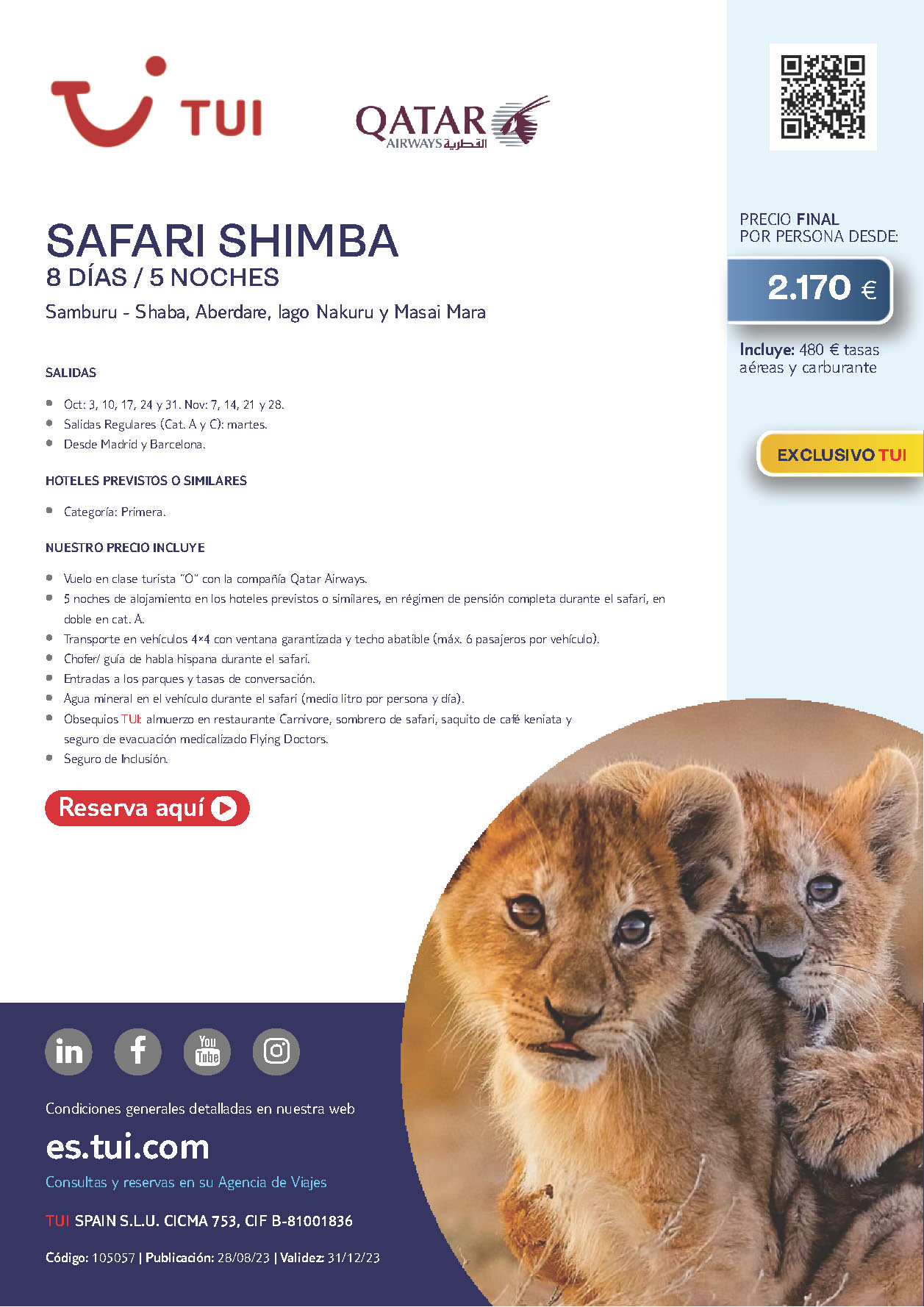 Oferta Tui Kenia Safari Shimba 8 dias salidas Octubre y Noviembre 2024 desde Madrid Barcelona vuelos Qatar Airways