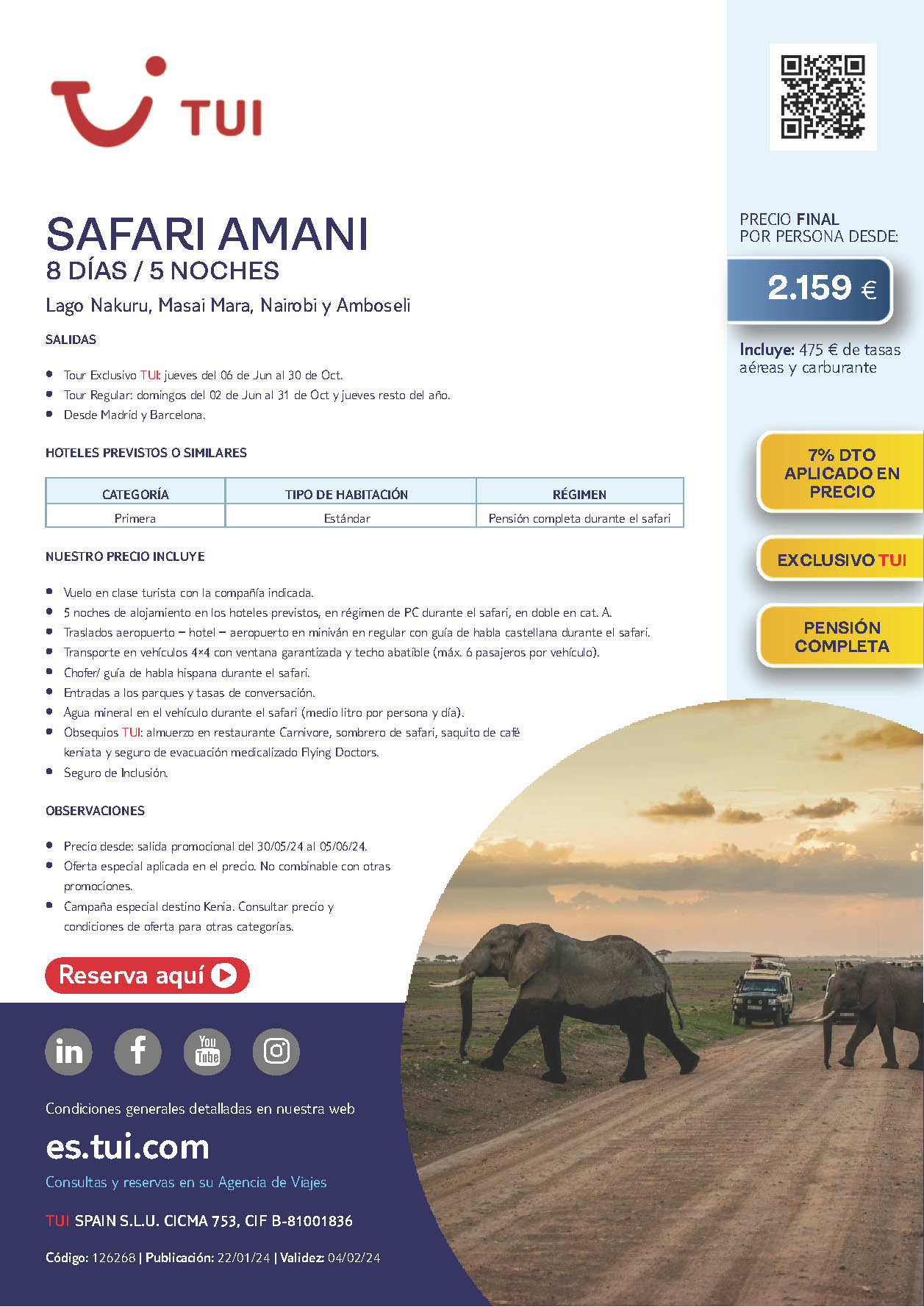 Oferta Tui circuito Kenia Safari Amani 8 dias salidas Junio a Octubre 2024 desde Madrid Barcelona