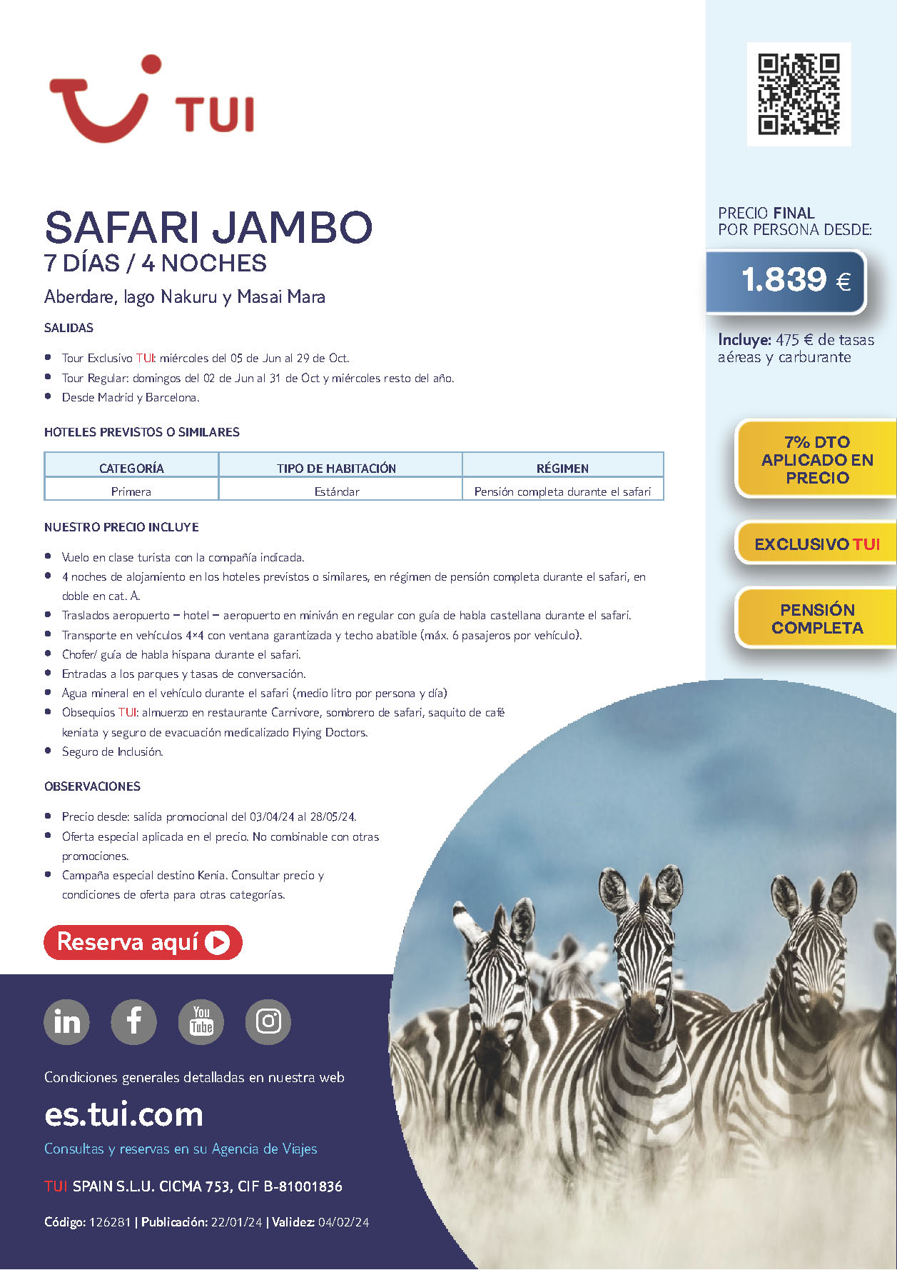 Oferta Tui circuito Kenia Safari Jambo 7 dias salidas Junio a Octubre 2024 desde Madrid Barcelona