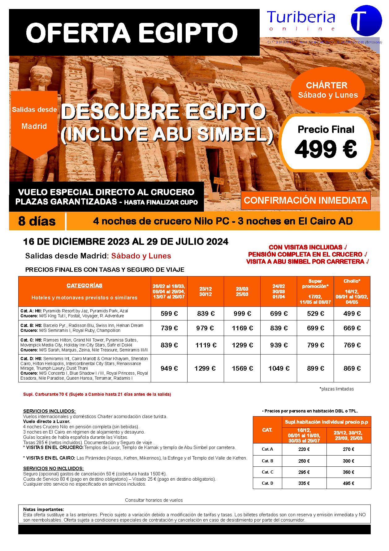Oferta Turiberia circuito Descubre Egipto con Abu Simbel charter 8 dias salidas Enero a Julio 2024 en vuelo directo a Luxor desde Madrid