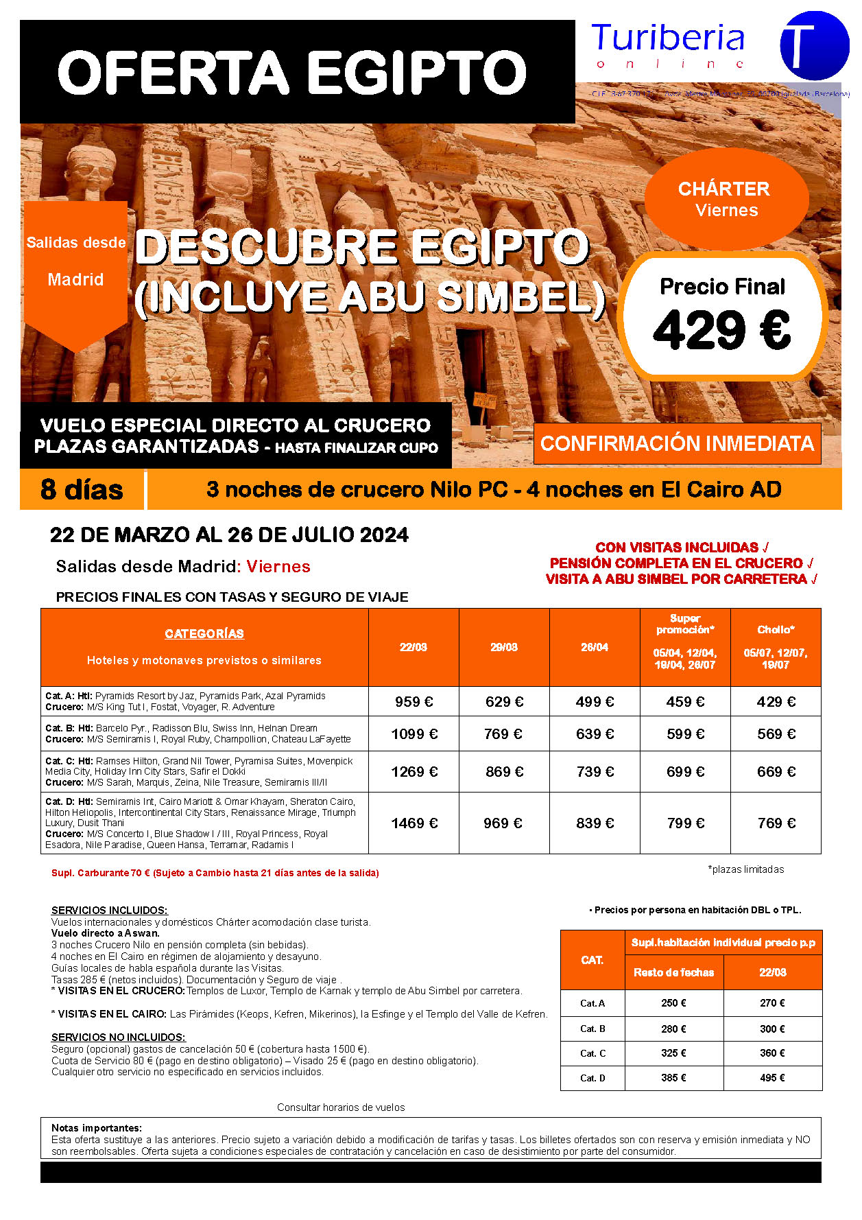 Oferta Turiberia circuito Descubre Egipto con Abu Simbel charter 8 dias salidas Marzo a Julio 2024 en vuelo directo a Asuan desde Madrid