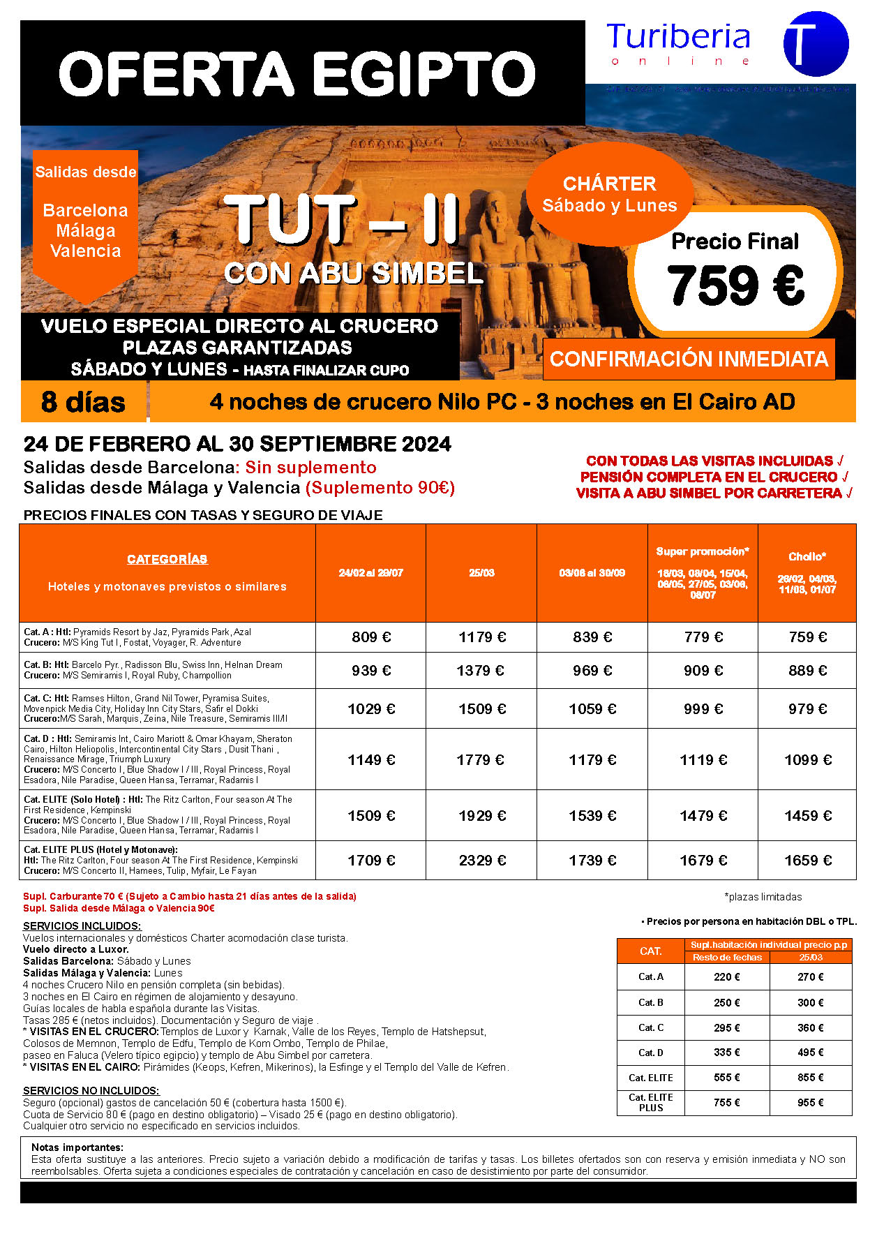 Oferta Turiberia circuito Egipto Charter TUT 2 con Abu Simbel 8 dias salidas Febrero a Septiembre 2024 vuelo directo a Luxor desde Barcelona Malaga Valencia