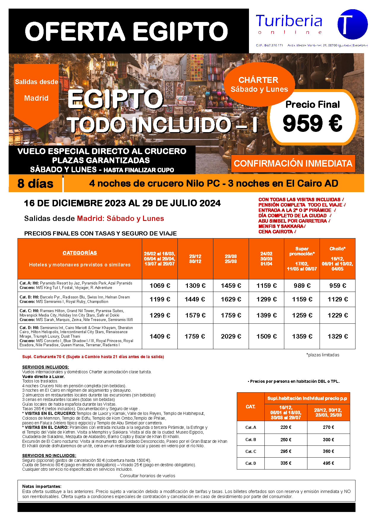 Oferta Turiberia circuito Egipto Charter Todo Incluido 8 dias salidas Enero a Julio 2024 en vuelo directo a Luxor desde Madrid