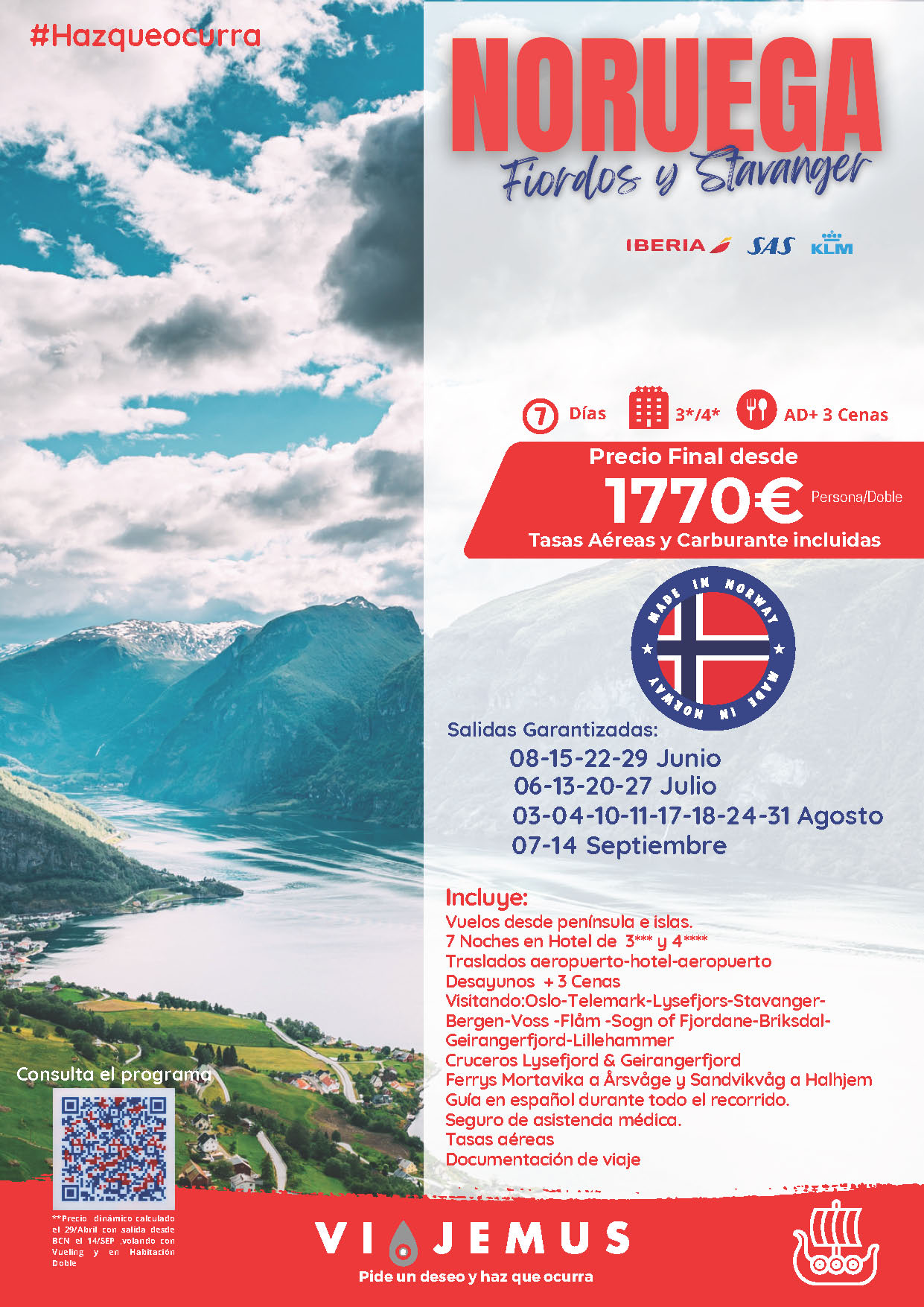 Oferta Viajemus circuito Noruega Fiordos y Stavanger 7 dias salidas Junio a Septiembre 2024 desde Madrid Barcelona Bilbao Valencia Malaga e Islas