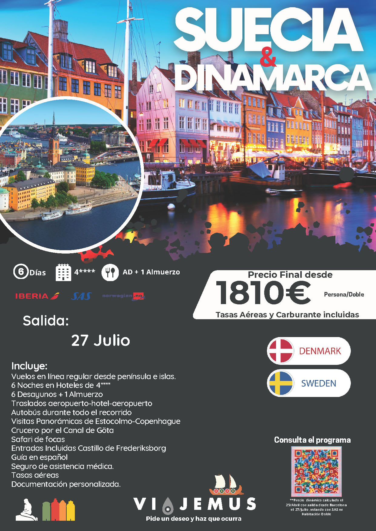 Oferta Viajemus circuito Suecia y Dinamarca 7 dias salida 27 Julio 2024 desde Madrid Barcelona Bilbao Valencia Malaga e Islas