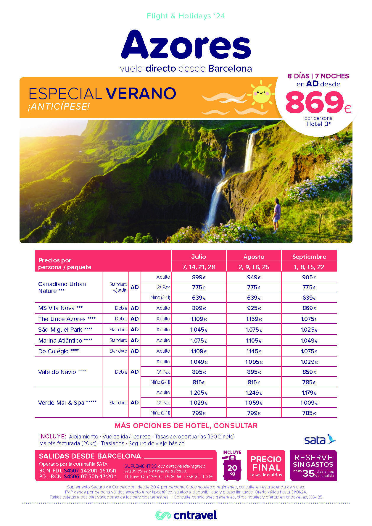 Ofertas CN Travel Julio Agosto Septiembre 2024 Estancia en AZORES 8 dias AD salidas vuelo directo desde Barcelona