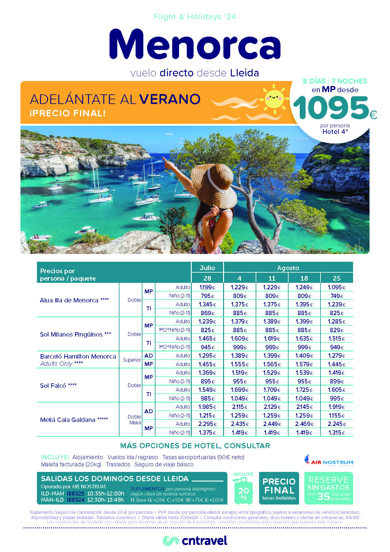 Ofertas CN Travel Julio y Agosto 2024 Estancia en Menorca 8 dias Todo Incluido salida en vuelo directo desde Lleida