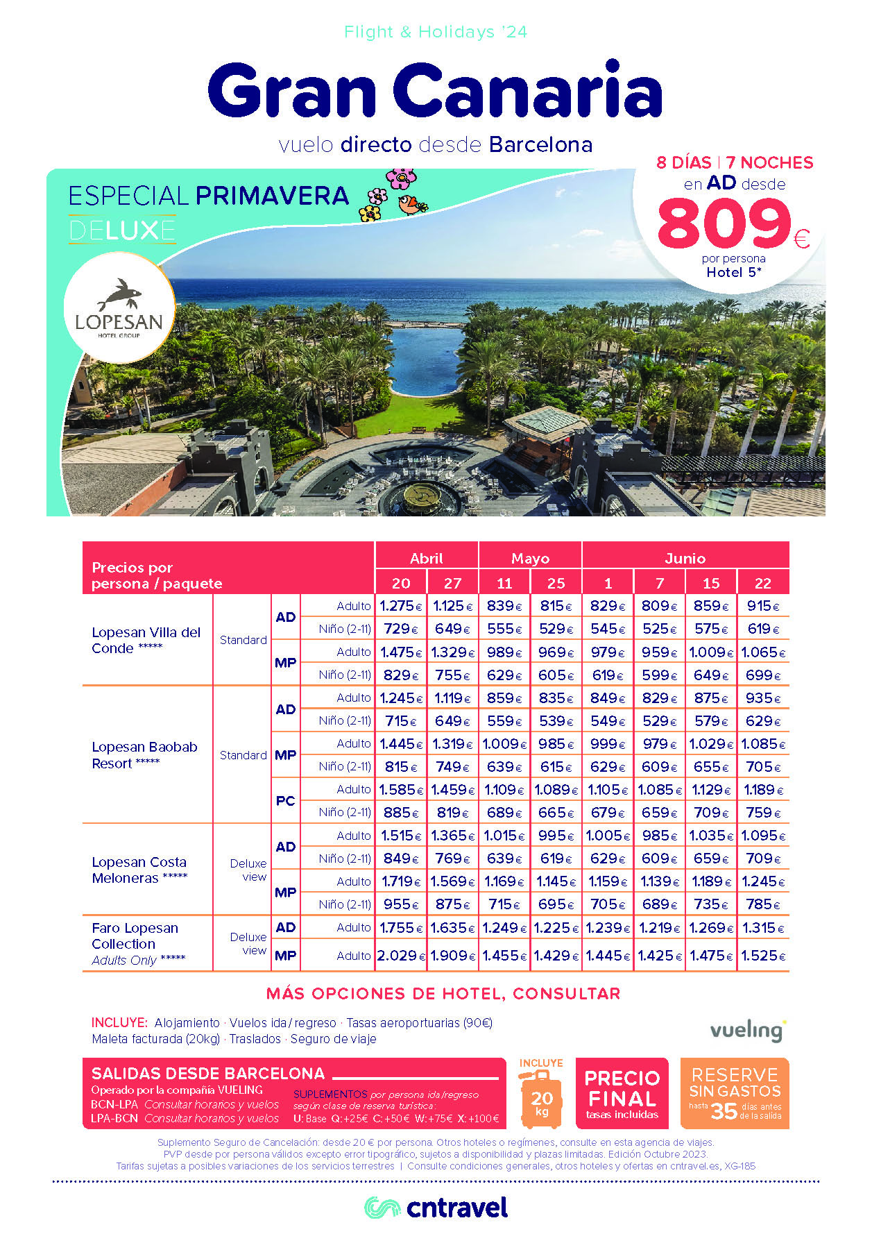 Ofertas CN Travel Primavera 2024 Estancia en Gran Canaria 8 dias Hoteles Lopesan 4 estrellas salida en vuelo directo desde Barcelona