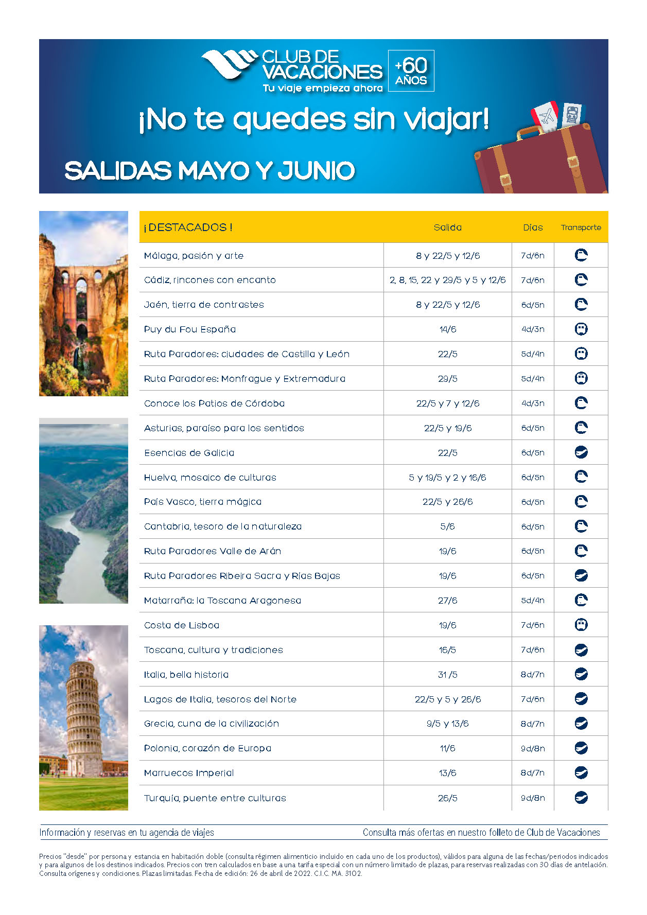 Ofertas Club de Vacaciones Mayores de 60 Circuitos por España y Europa salidas Mayo y Junio 2022