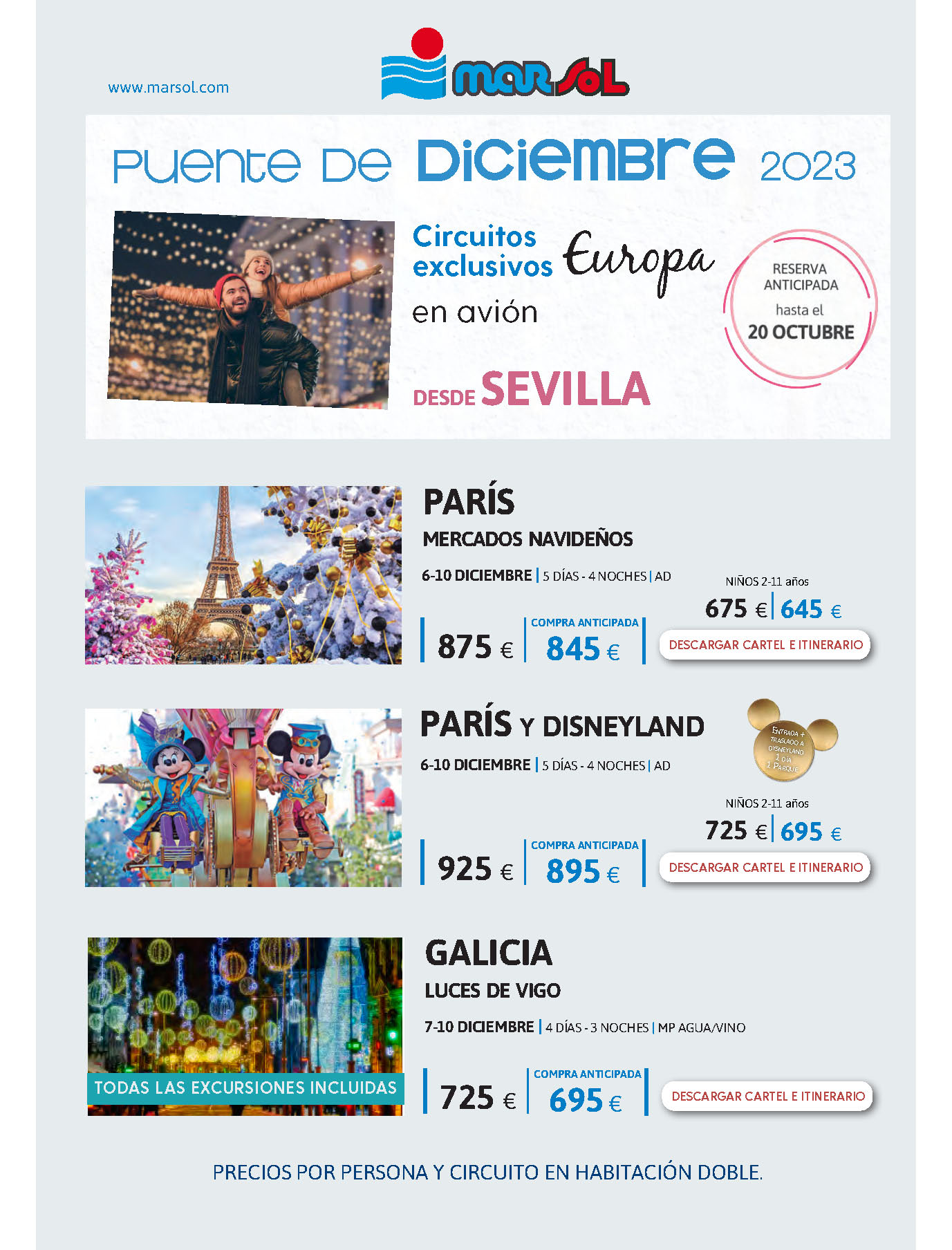 Ofertas Marsol Puente de Diciembre 2023 circuitos 4 o 5 dias Paris Disneyland Galicia salida 6 o 7 diciembre vuelo directo desde Sevilla