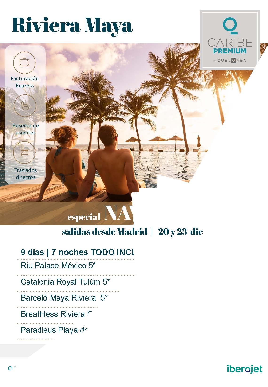 Ofertas Quelonea Caribe Premium Navidad 2021 en Riviera Maya Mexico salida en vuelo directo desde Madrid