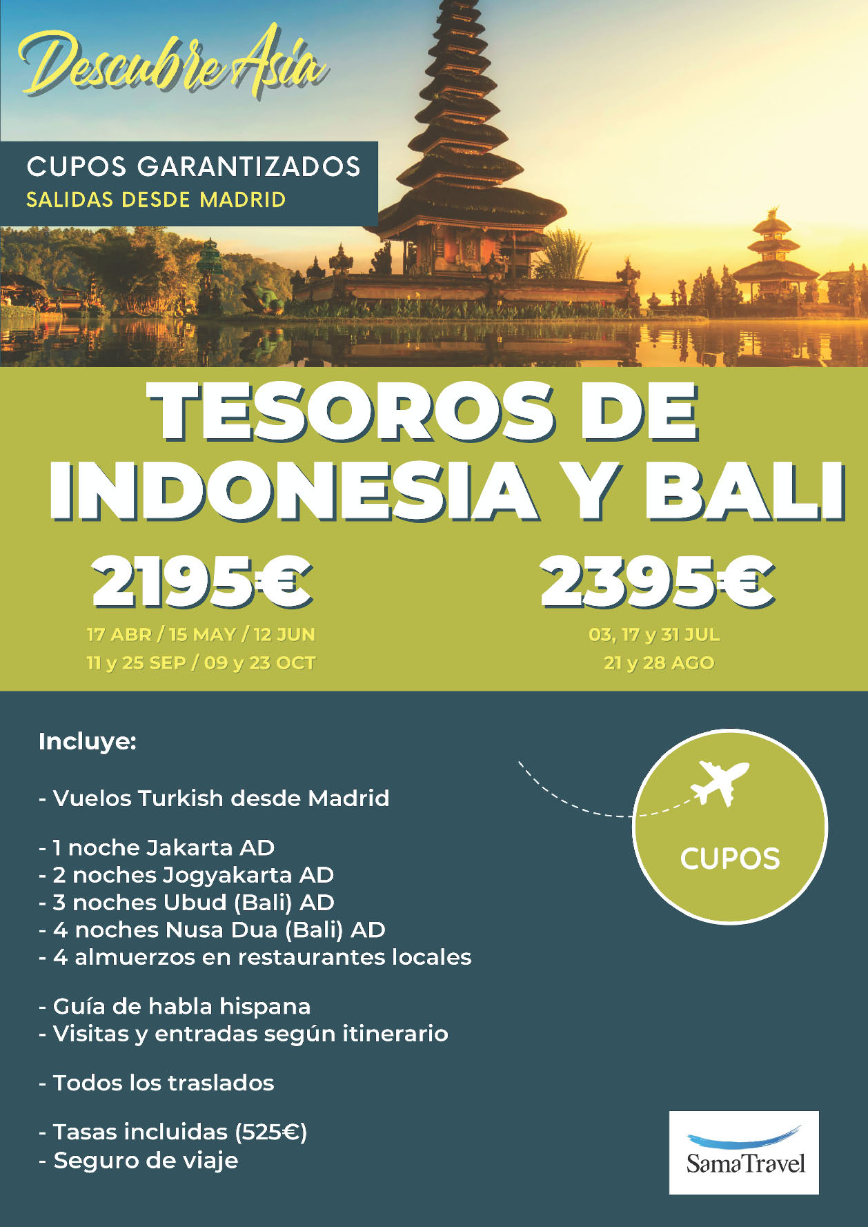 Ofertas Sama Travel Verano 2023 circuito Tesoros de Indonesia y Bali 12 dias cupos salidas desde Madrid vuelos Turkish Airlines