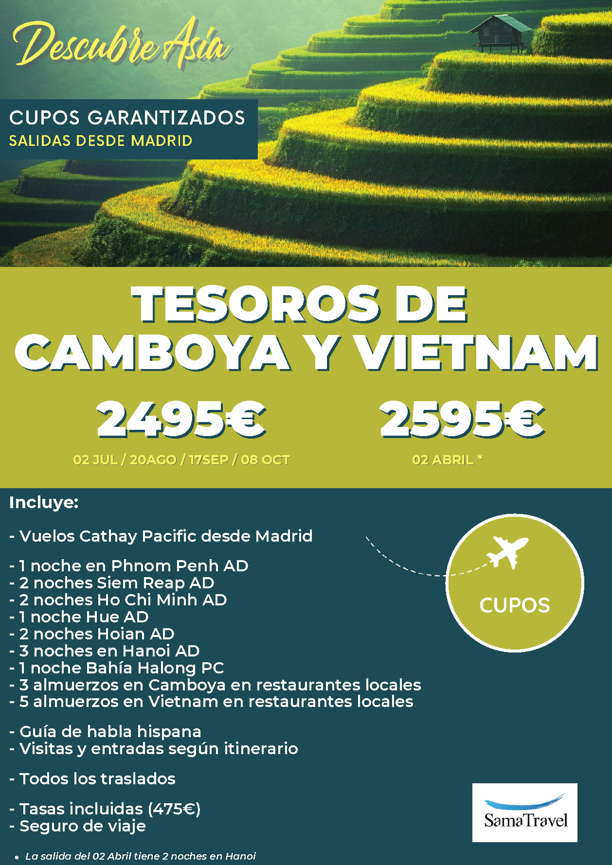 Ofertas Sama Travel Verano 2023 circuito Vietnam y Camboya 13 dias salidas desde Madrid vuelos Cathay Pacific