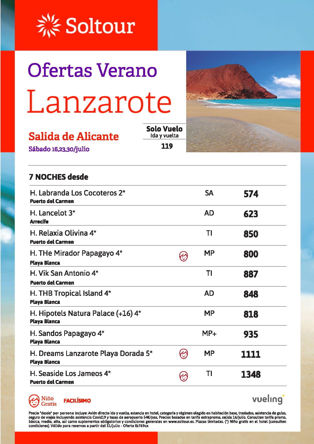 Ofertas Soltour Ultima Hora Niño Gratis Vacaciones en Lanzarote Julio 2022 8 dias salidas en vuelo directo desde Alicante