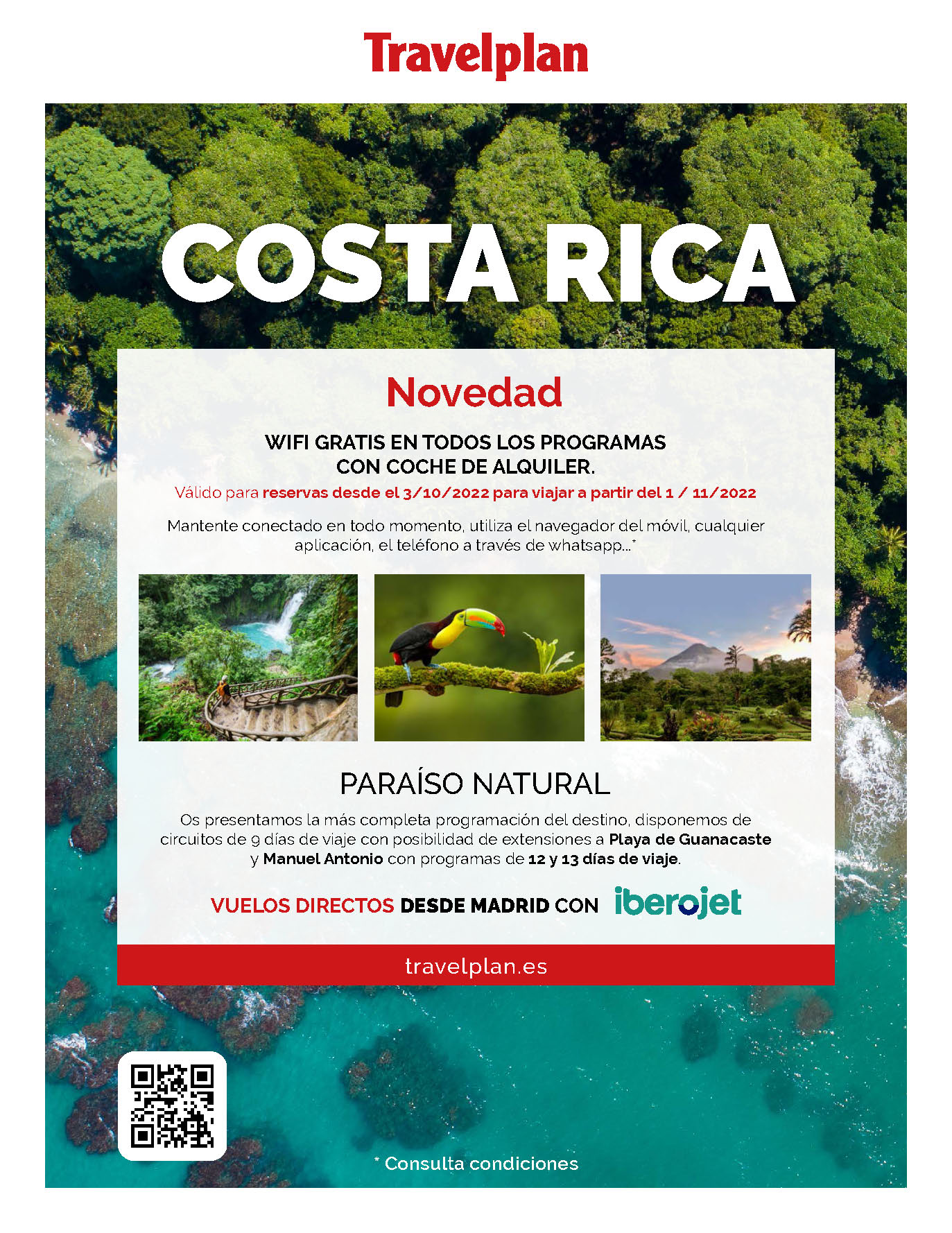 Ofertas Travelplan Circuitos por Costa Rica Otoño Invierno 2022-2023 salidas en vuelo directo desde Madrid con Iberojet