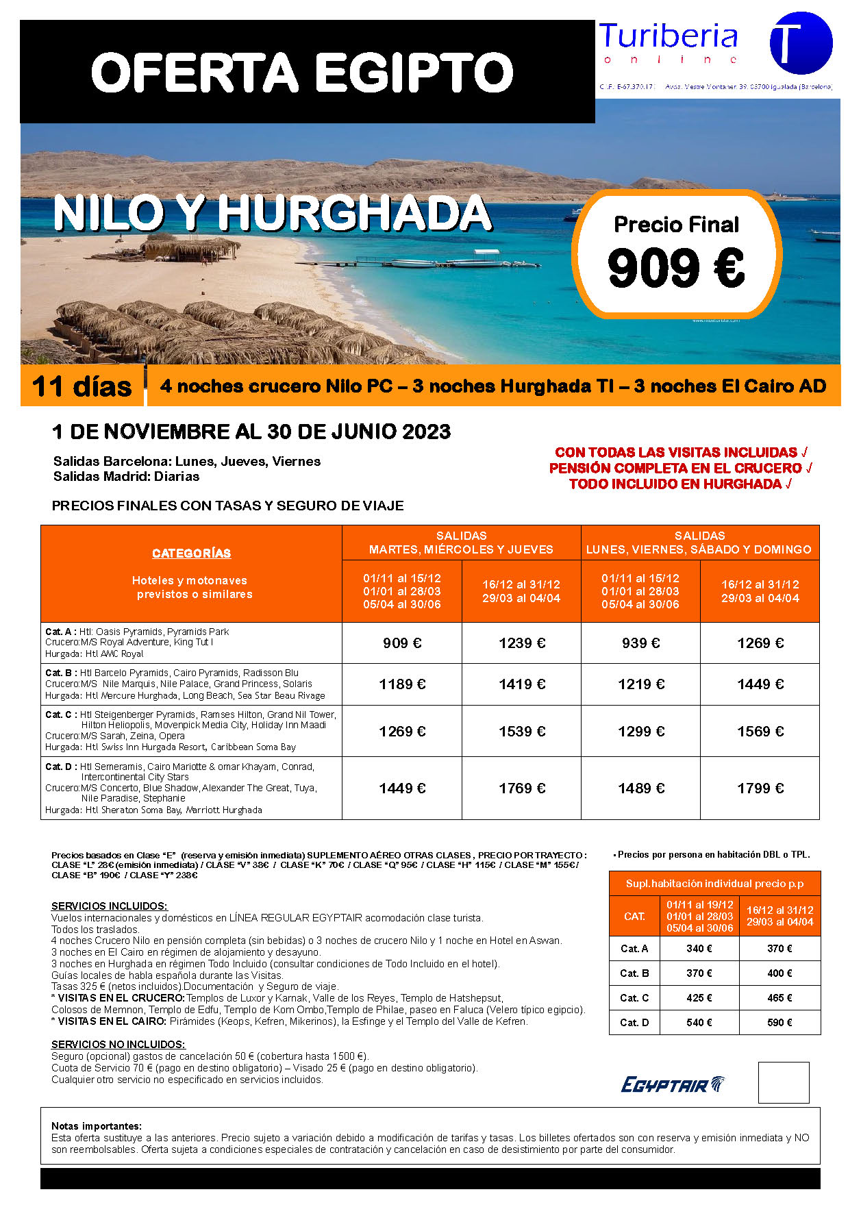 Ofertas Turiberia 2022-2023 Egipto Nilo y Hurgada 11 dias salida en vuelo regular directo desde Madrid