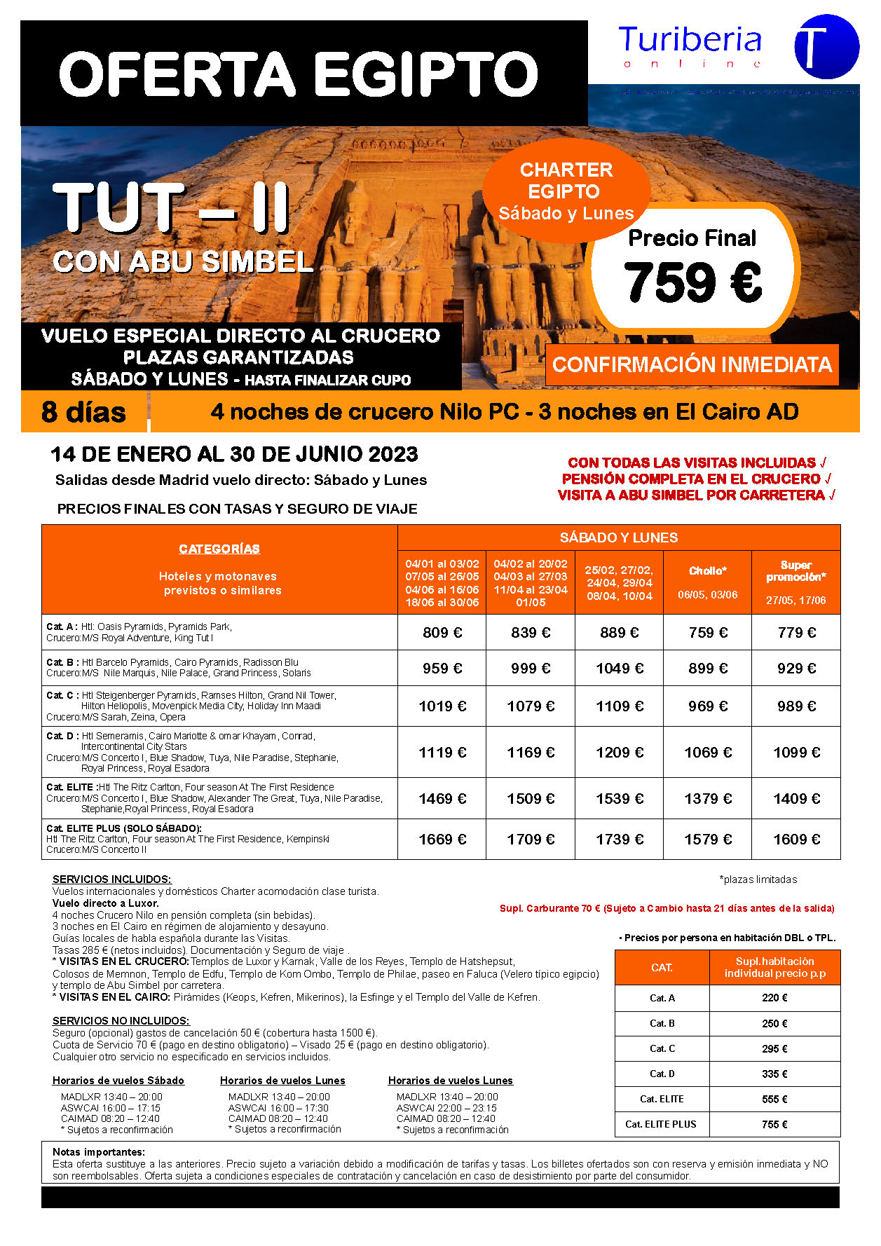 Ofertas Turiberia 2023 Egipto Charter Esencial TUT-II con Abu Simbel 8 dias salida en vuelo especial directo desde Madrid
