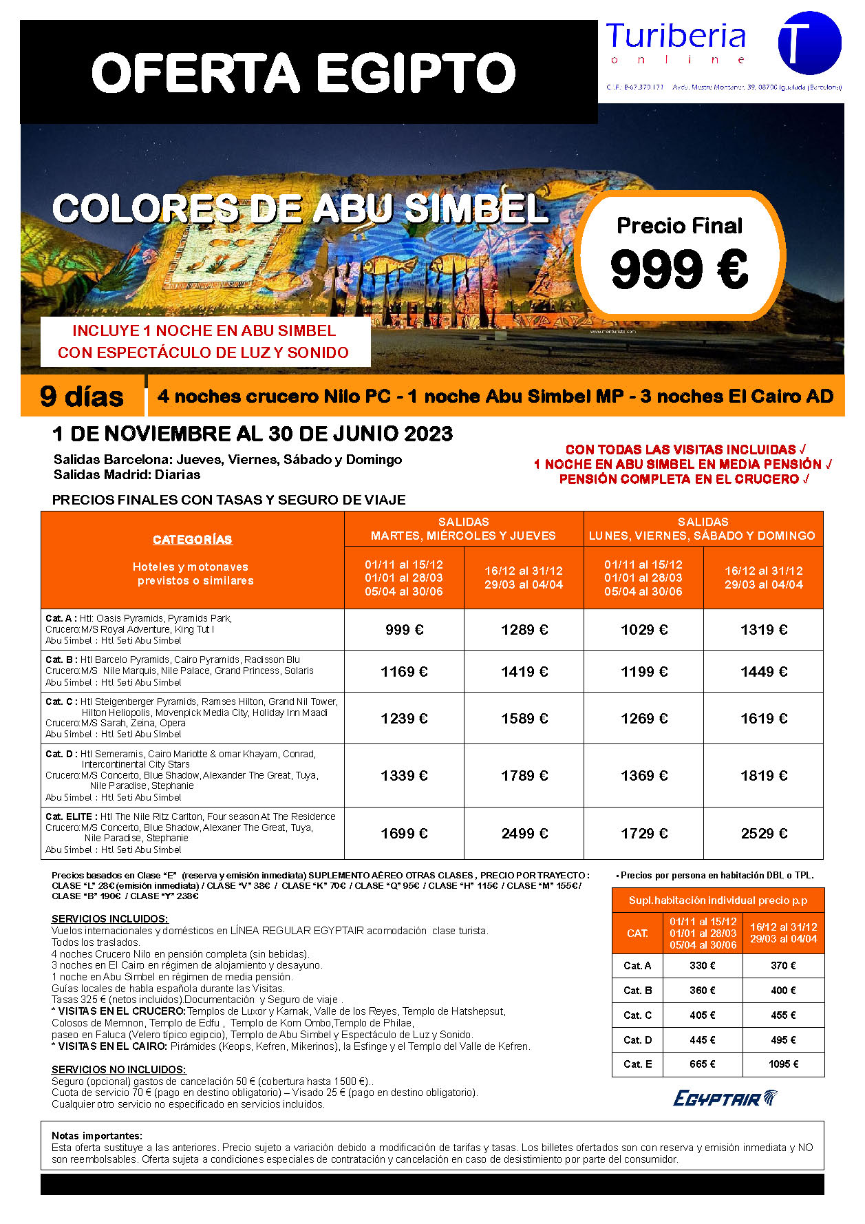 Ofertas Turiberia 2023 Egipto Colores de Abu Simbel 9 dias salida en vuelo regular directo desde Madrid