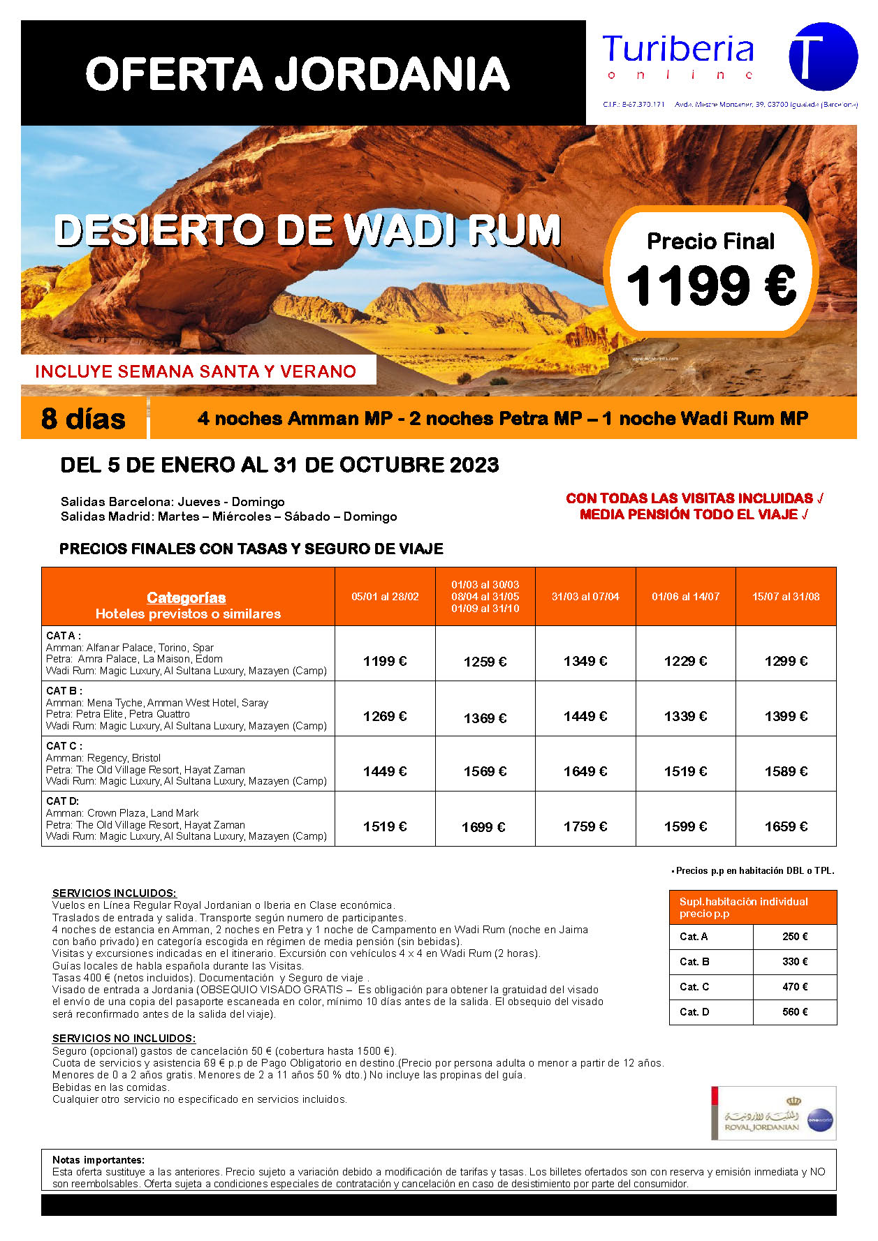 Ofertas Turiberia Jordania 2023 Desierto de Wadi Rum 8 dias salida en vuelo directo desde Barcelona y Madrid