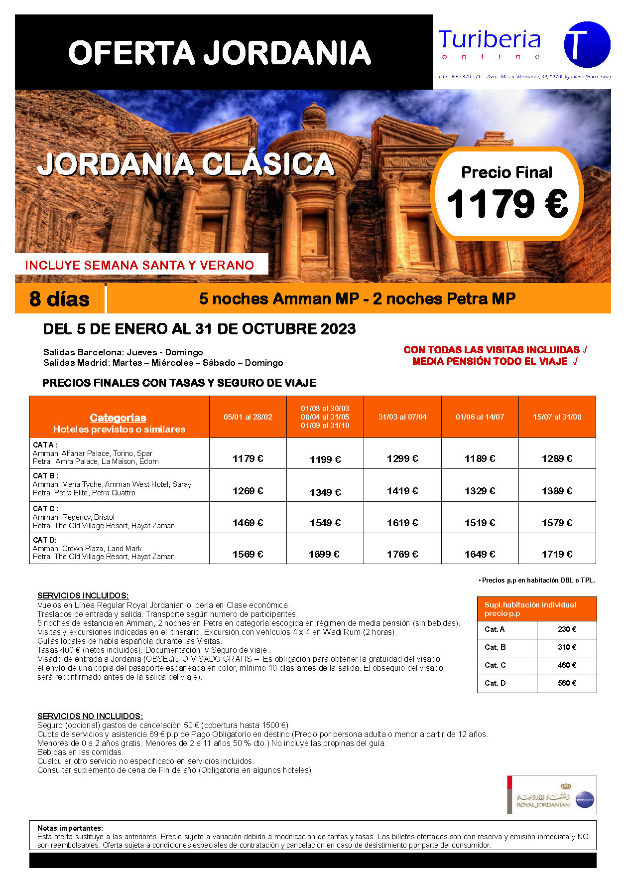 Ofertas Turiberia Jordania 2023 circuito Jordania Clasica 8 dias salida en vuelo directo desde Barcelona y Madrid