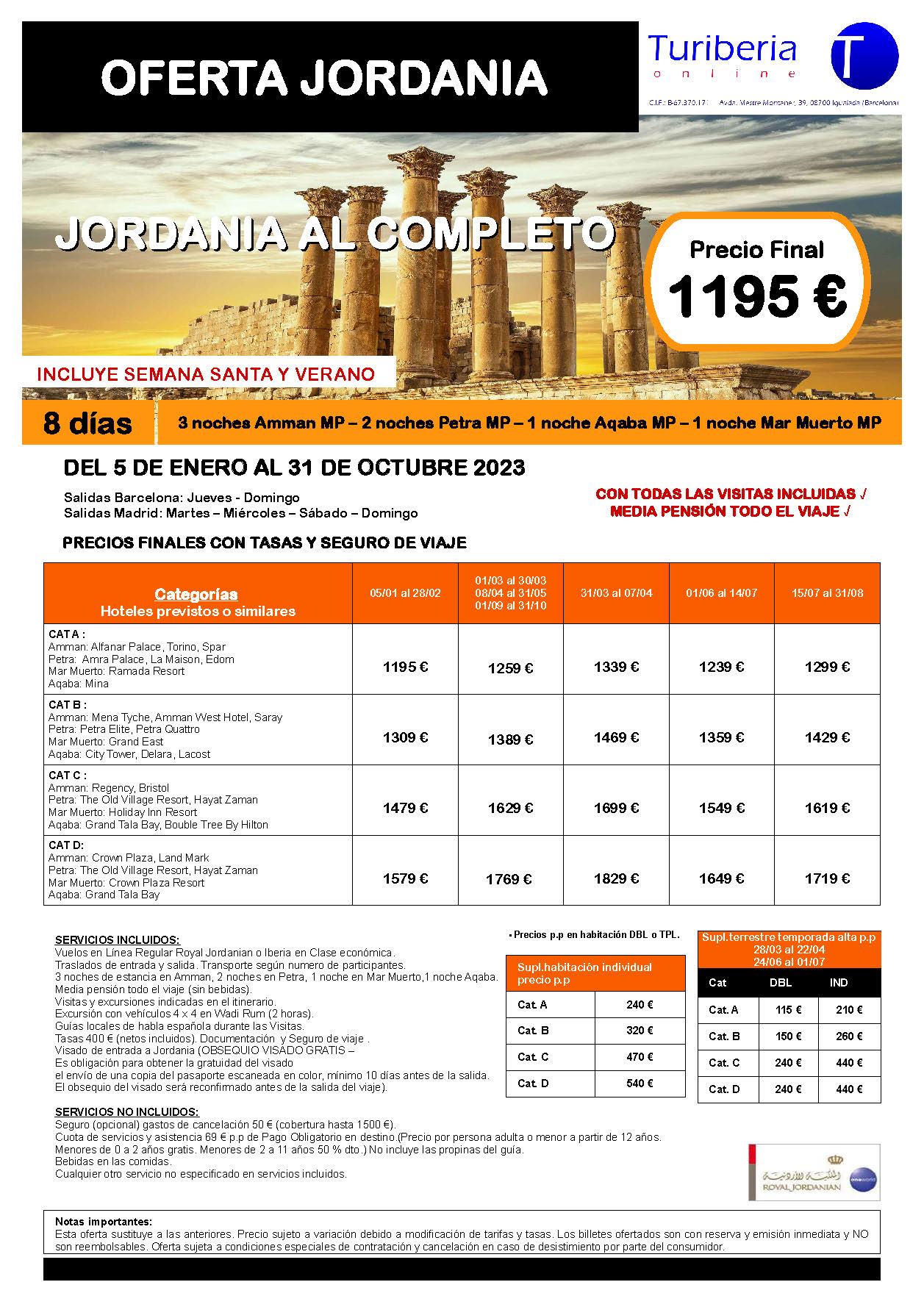 Ofertas Turiberia Jordania 2023 circuito Jordania al Completo 8 dias salida en vuelo directo desde Barcelona y Madrid