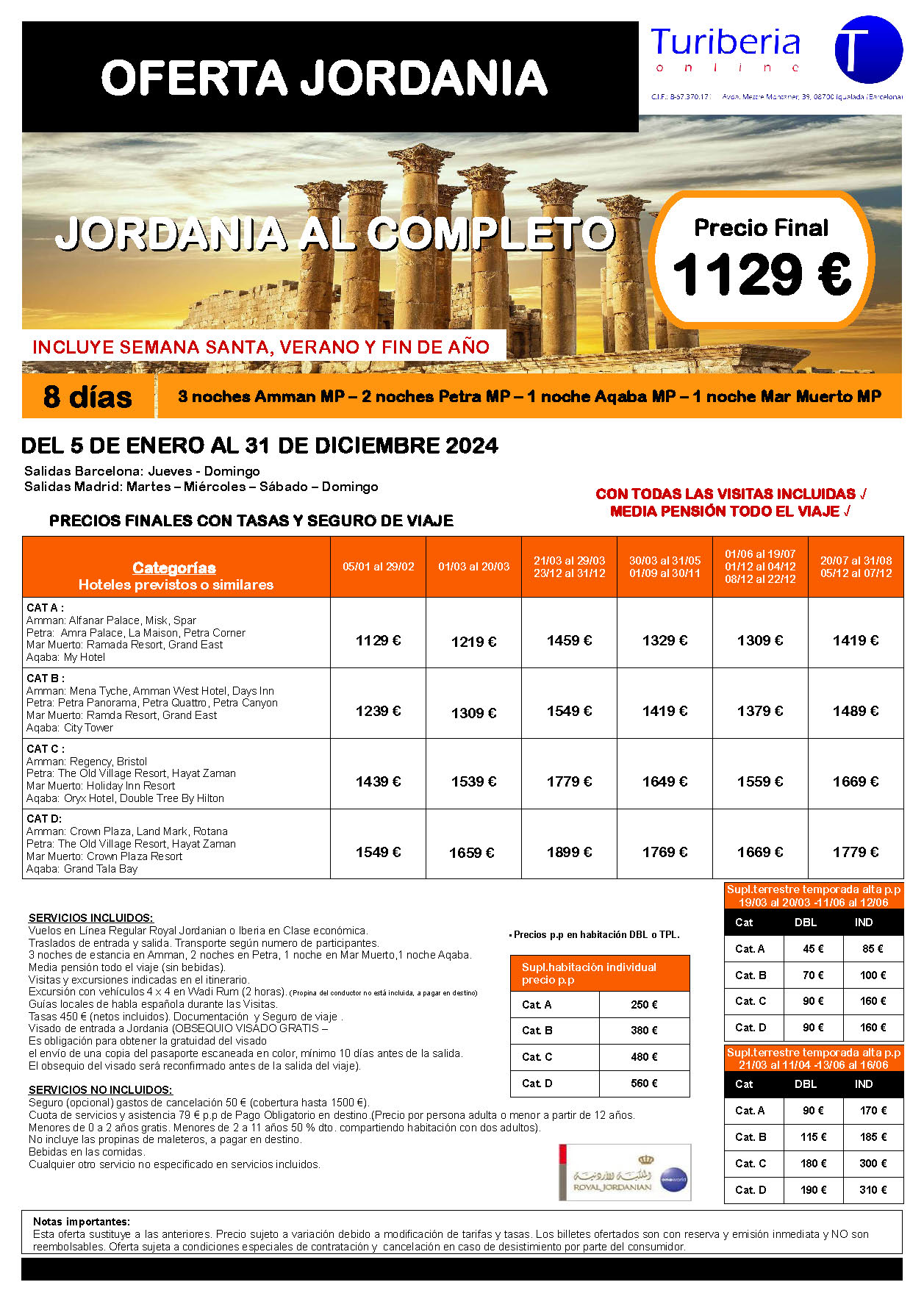 Ofertas Turiberia Jordania 2024 circuito Jordania al Completo 8 dias salida en vuelo directo desde Barcelona y Madrid