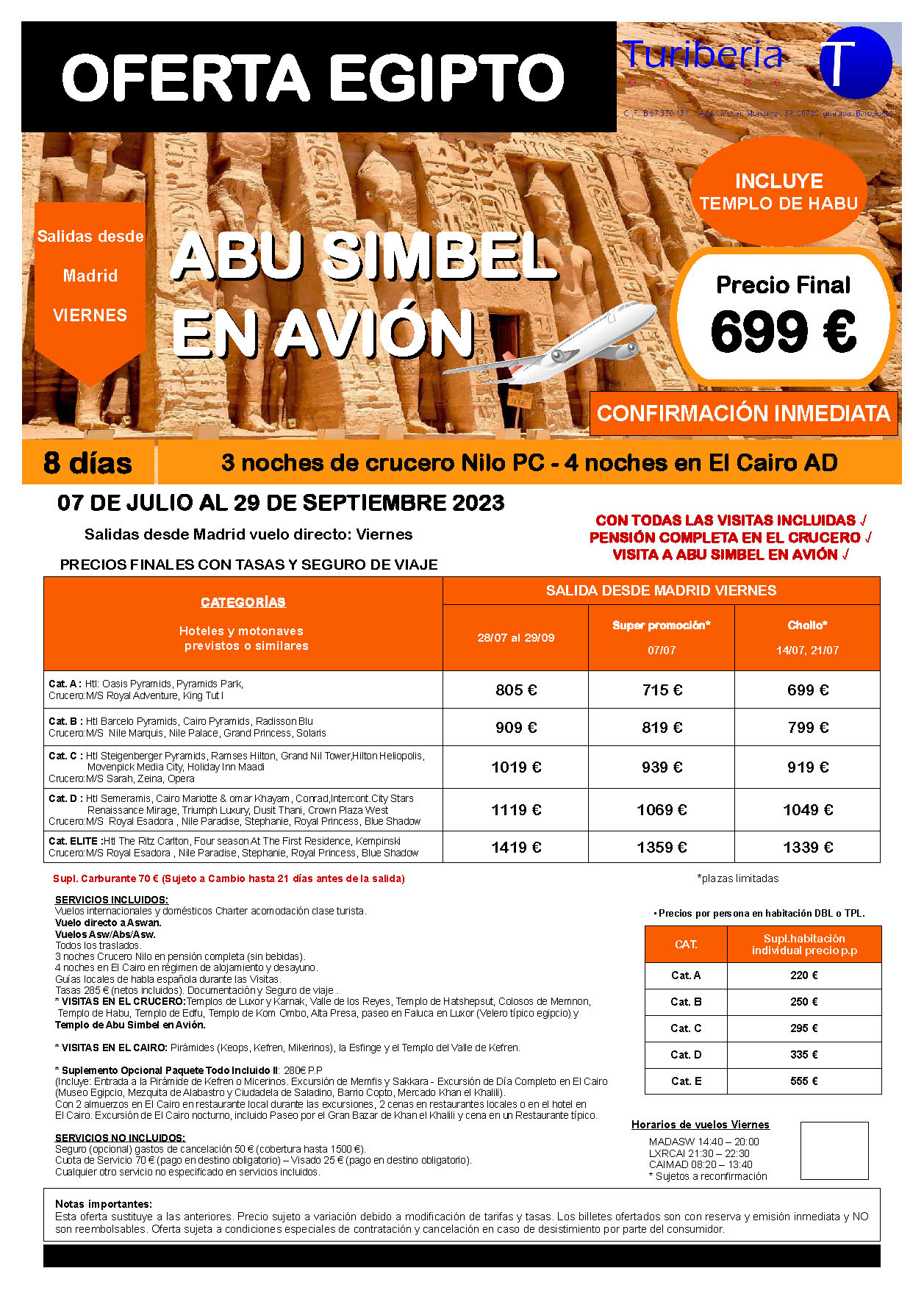 Ofertas Turiberia Julio a Septiembre 2023 Egipto Charter con Abu Simbel en avion 8 dias salida en vuelo especial directo desde Madrid